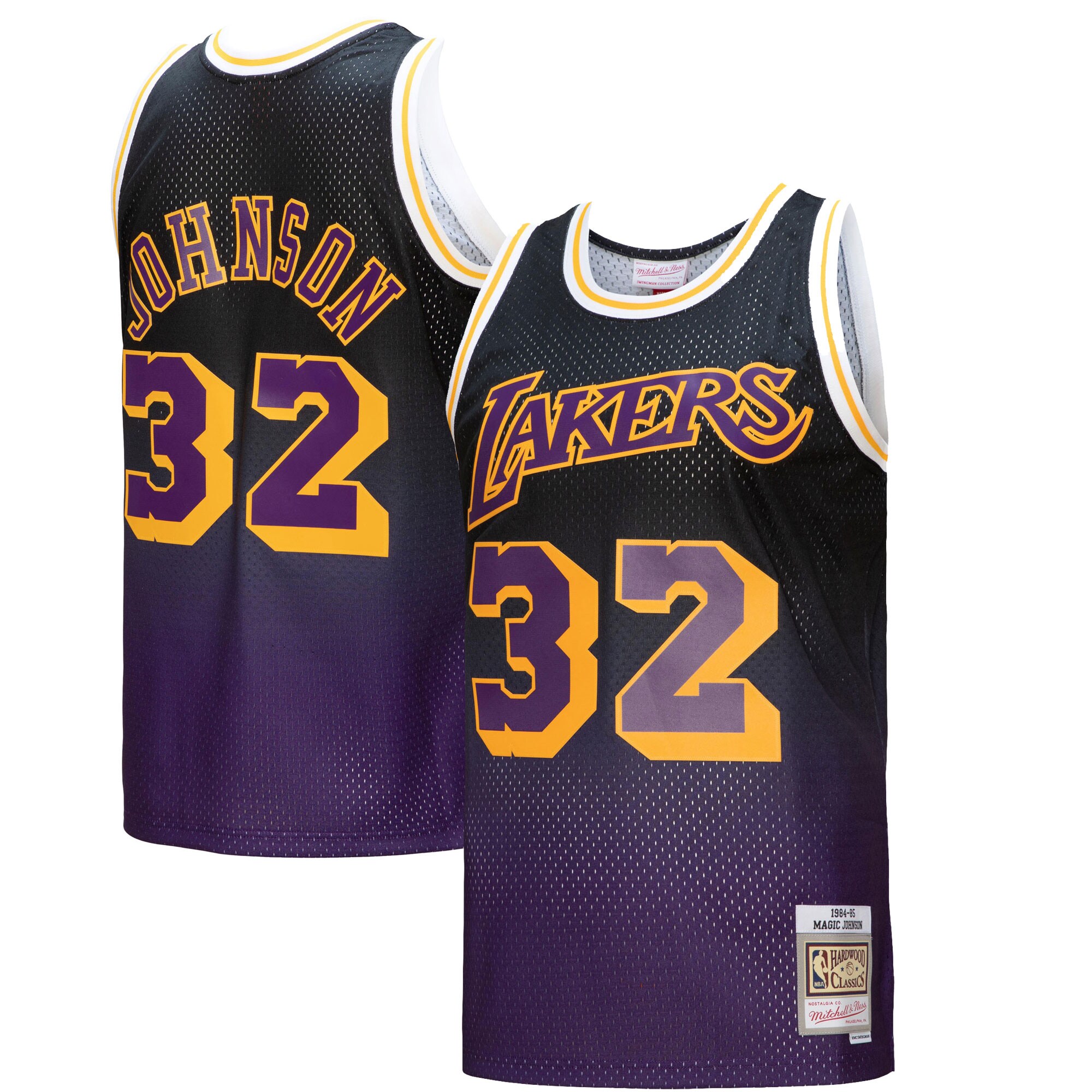 Magic Johnson Los Angeles Lakers Mitchell & Ness 1984/85 Hardwood Classics Fadeaway Swingman Player Basketball Jersey - Purple/black