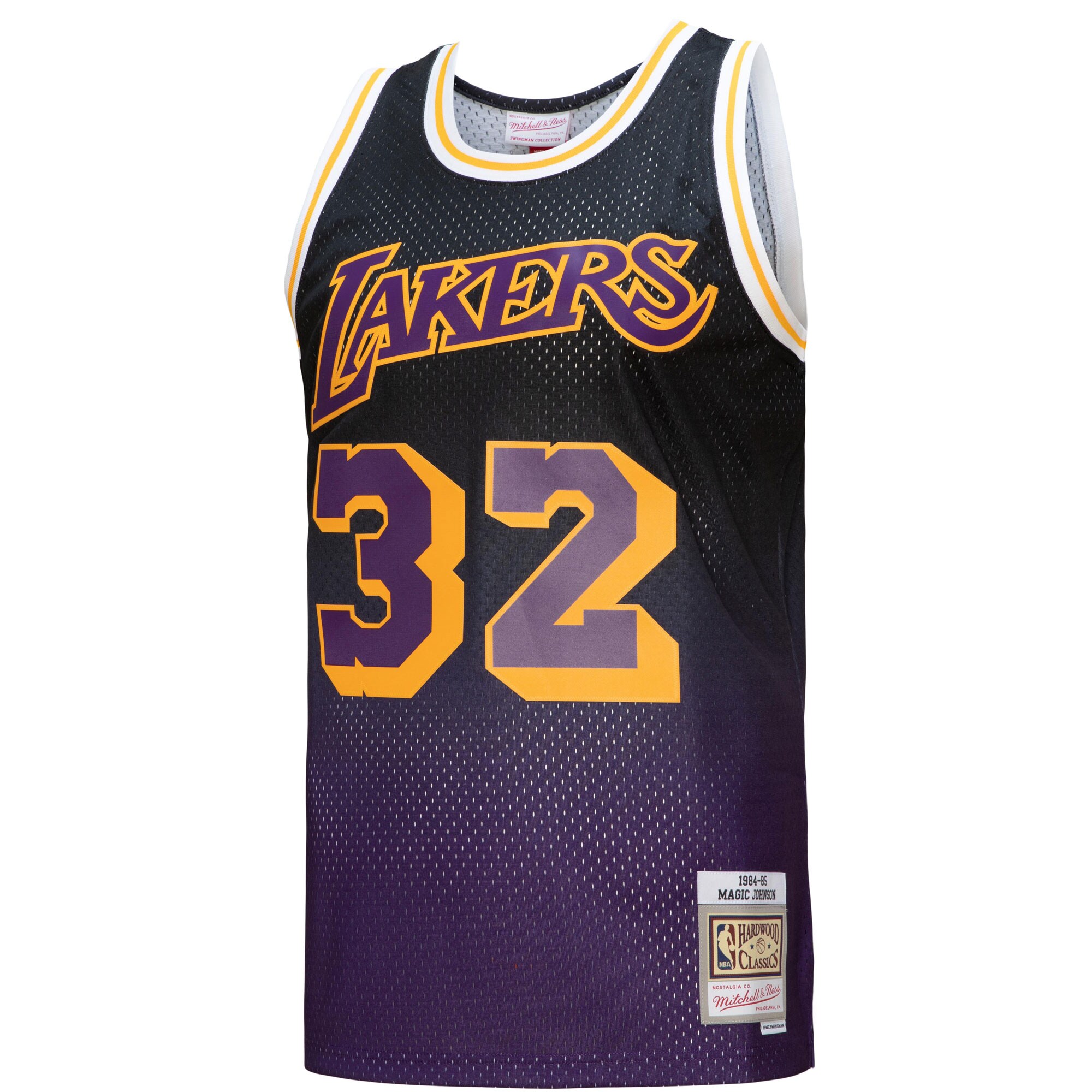 Alternative view of Magic Johnson Los Angeles Lakers Mitchell & Ness 1984/85 Hardwood Classics Fadeaway Swingman Player Basketball Jersey - Purple/black