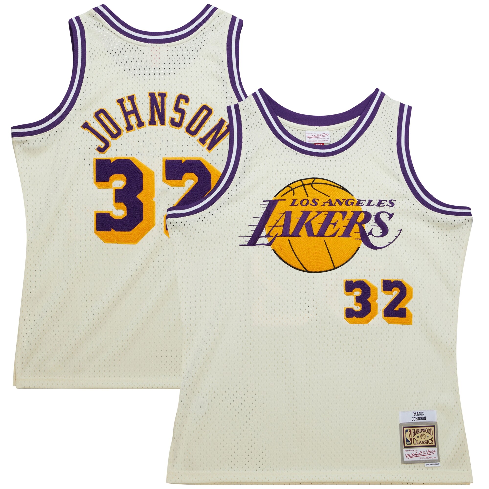 Magic Johnson Los Angeles Lakers Mitchell & Ness Chainstitch Swingman Basketball Jersey - Cream