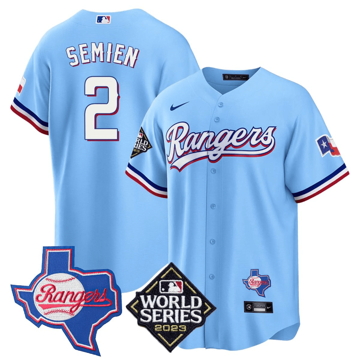 Marcus Semien 2 Texas Rangers 2023 World Series & Texas State Patch Men Jersey - Blue - JS787 