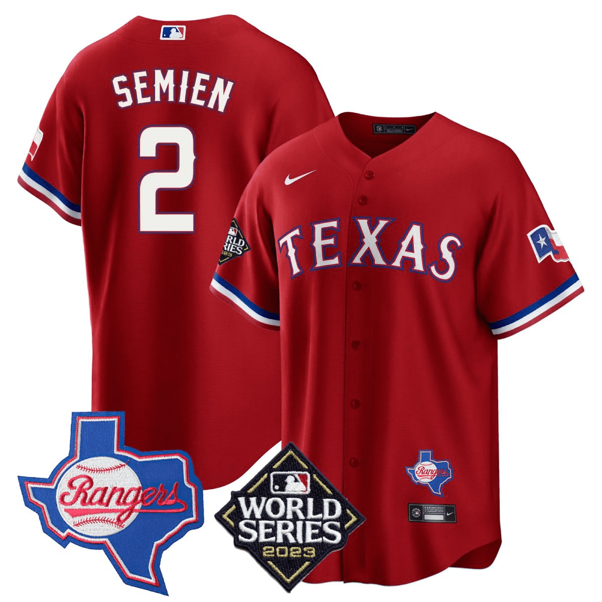 Marcus Semien 2 Texas Rangers 2023 World Series & Texas State Patch Men Jersey - Red - JS719 