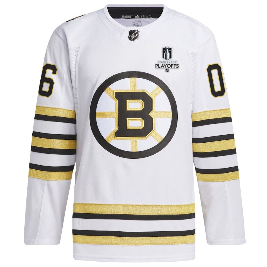 Alternative view of Mason Lohrei 6 Boston Bruins 2024 NHL Playoffs Patch Away Hockey Jersey - Men, White - JS367 