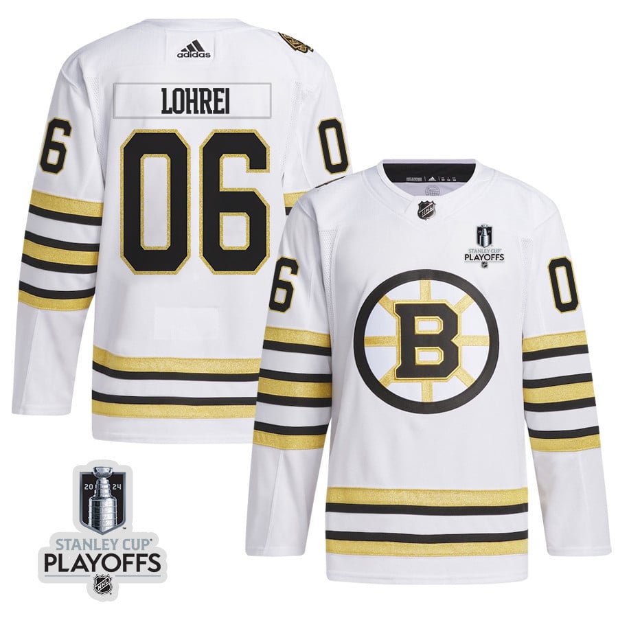 Mason Lohrei 6 Boston Bruins 2024 NHL Playoffs Patch Away Hockey Jersey - Men, White - JS367 