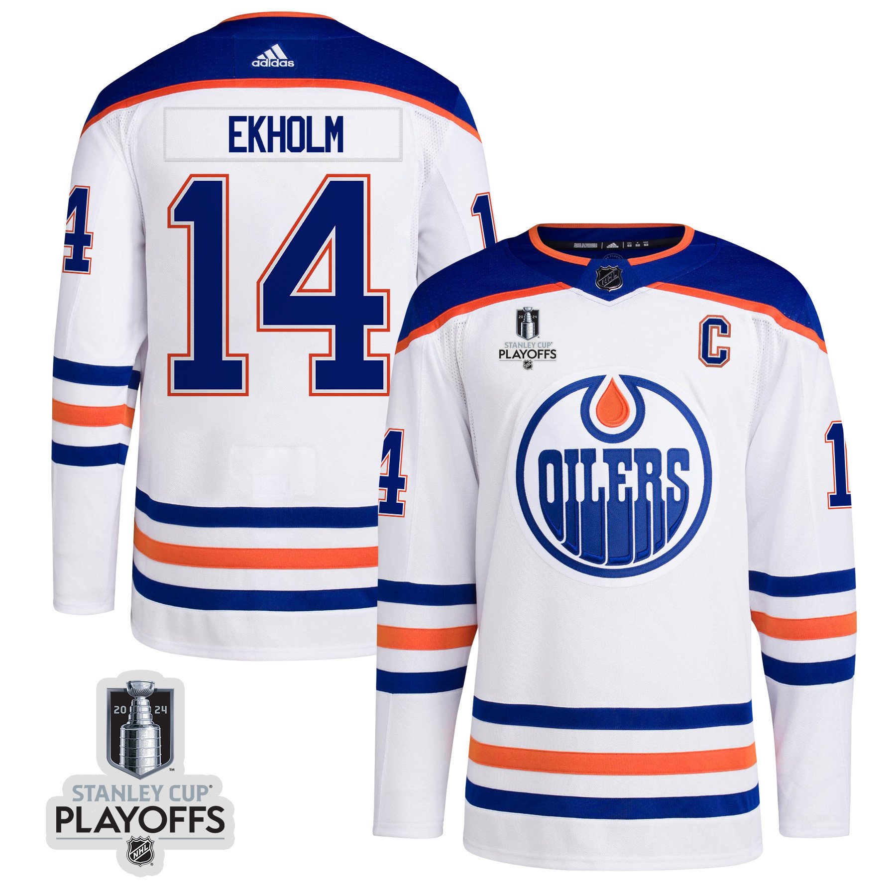 Mattias Ekholm 14 Edmonton Oilers 2024 NHL Playoffs Patch Away Hockey Jersey - Men, White - JS162 