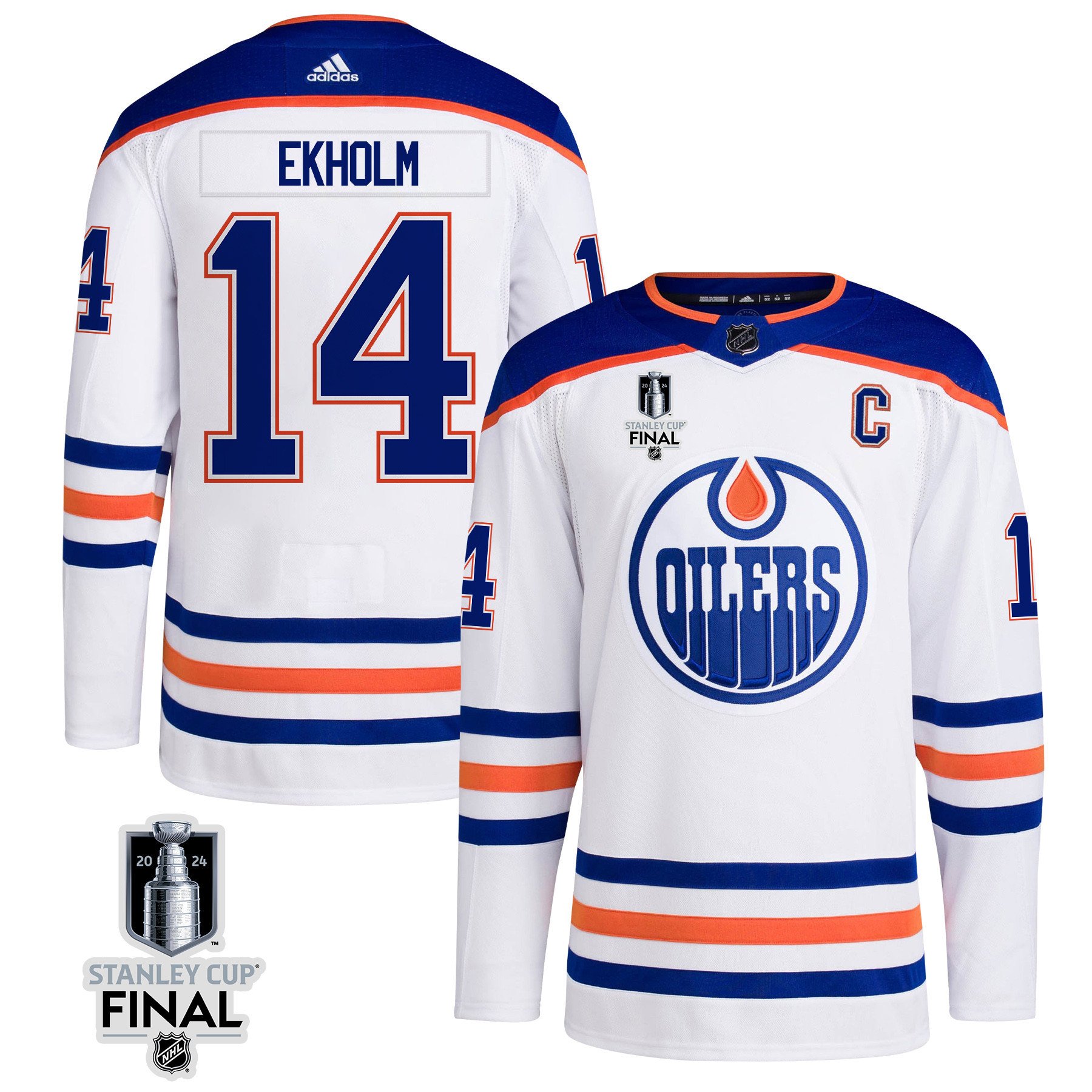 Mattias Ekholm 14 Edmonton Oilers 2024 STANLEY CUP Final Away Hockey Jersey - Men, White - JS147 