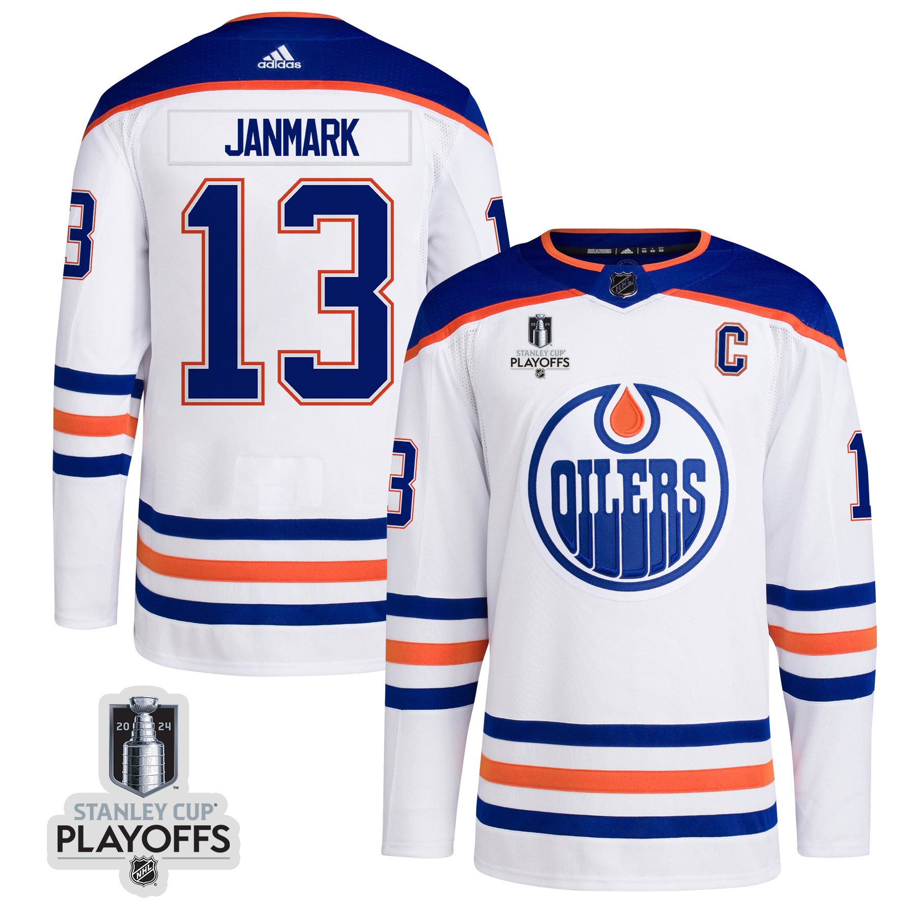 Mattias Janmark 13 Edmonton Oilers 2024 NHL Playoffs Patch Away Hockey Jersey - Men, White - JS579 