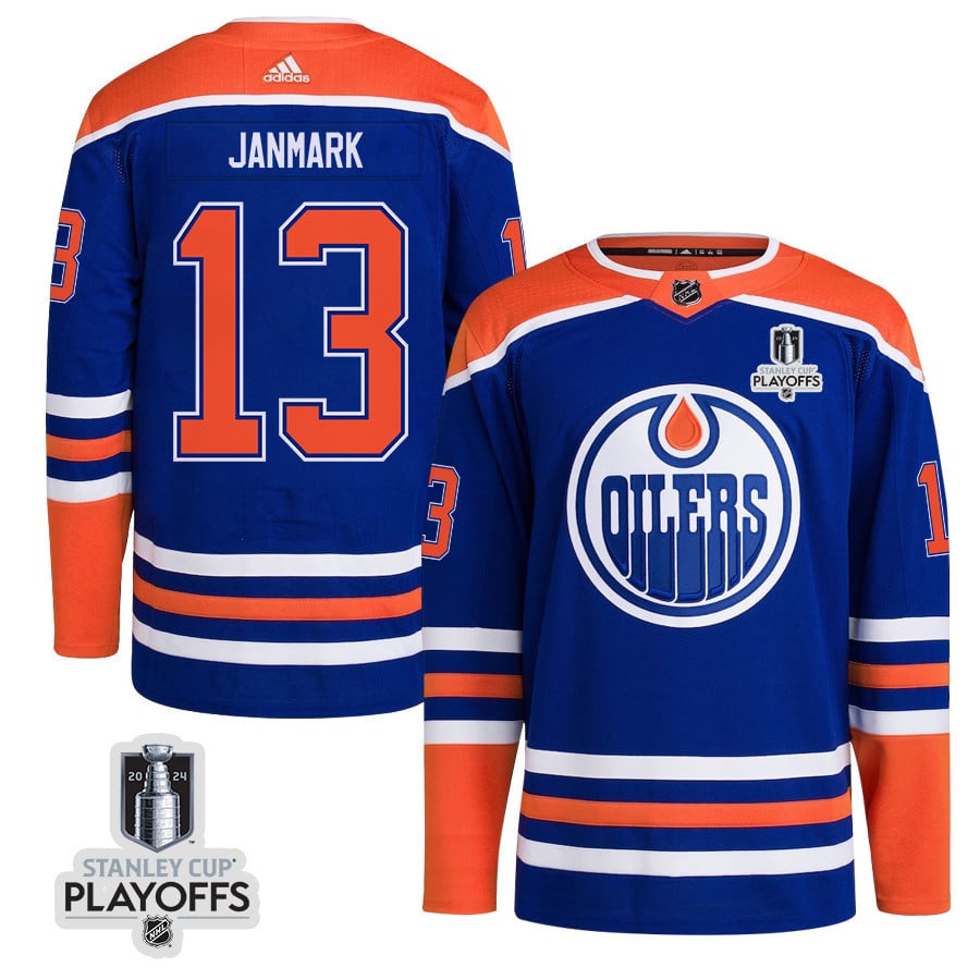 Mattias Janmark 13 Edmonton Oilers 2024 NHL Playoffs Patch Home Hockey Jersey - Men - JS196 