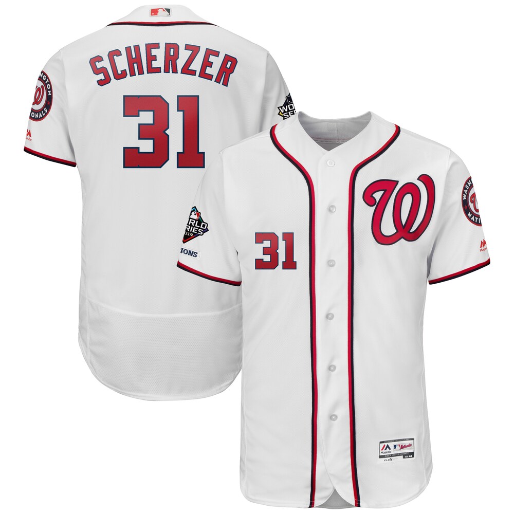 Max Scherzer Washington Nationals Majestic 2019 World Series Champions Home Flex Base Bar Patch Player Baseball Jersey - White