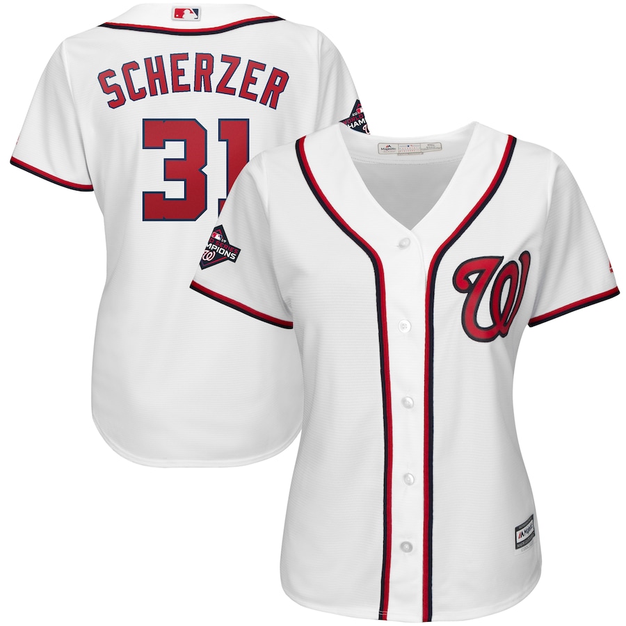 Max Scherzer Washington Nationals Majestic Women's 2019 World Series Champions Home Cool Base Patch Player Baseball Jersey - White