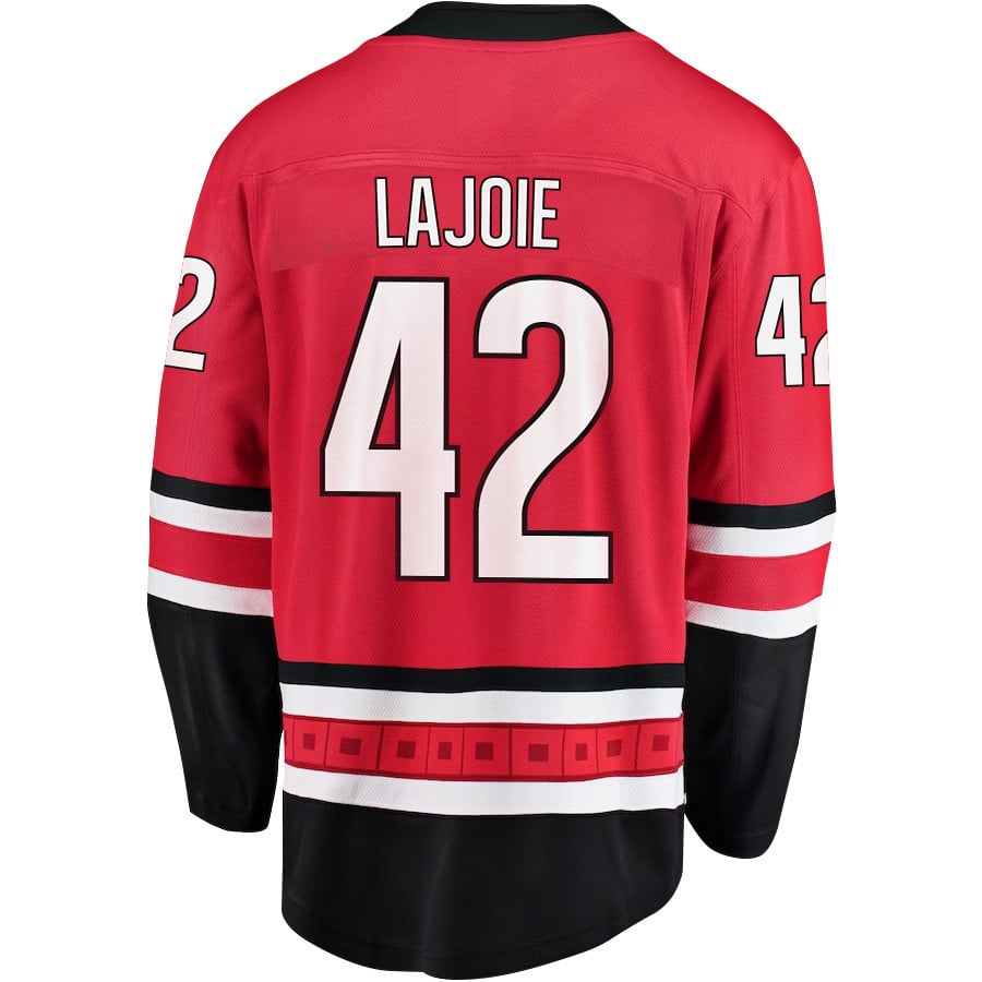 Alternative view of Maxime Lajoie 42 Carolina Hurricanes Stanley Cup 2023 Playoffs Patch Home Breakaway Men Hockey Jersey - Red - JS849 