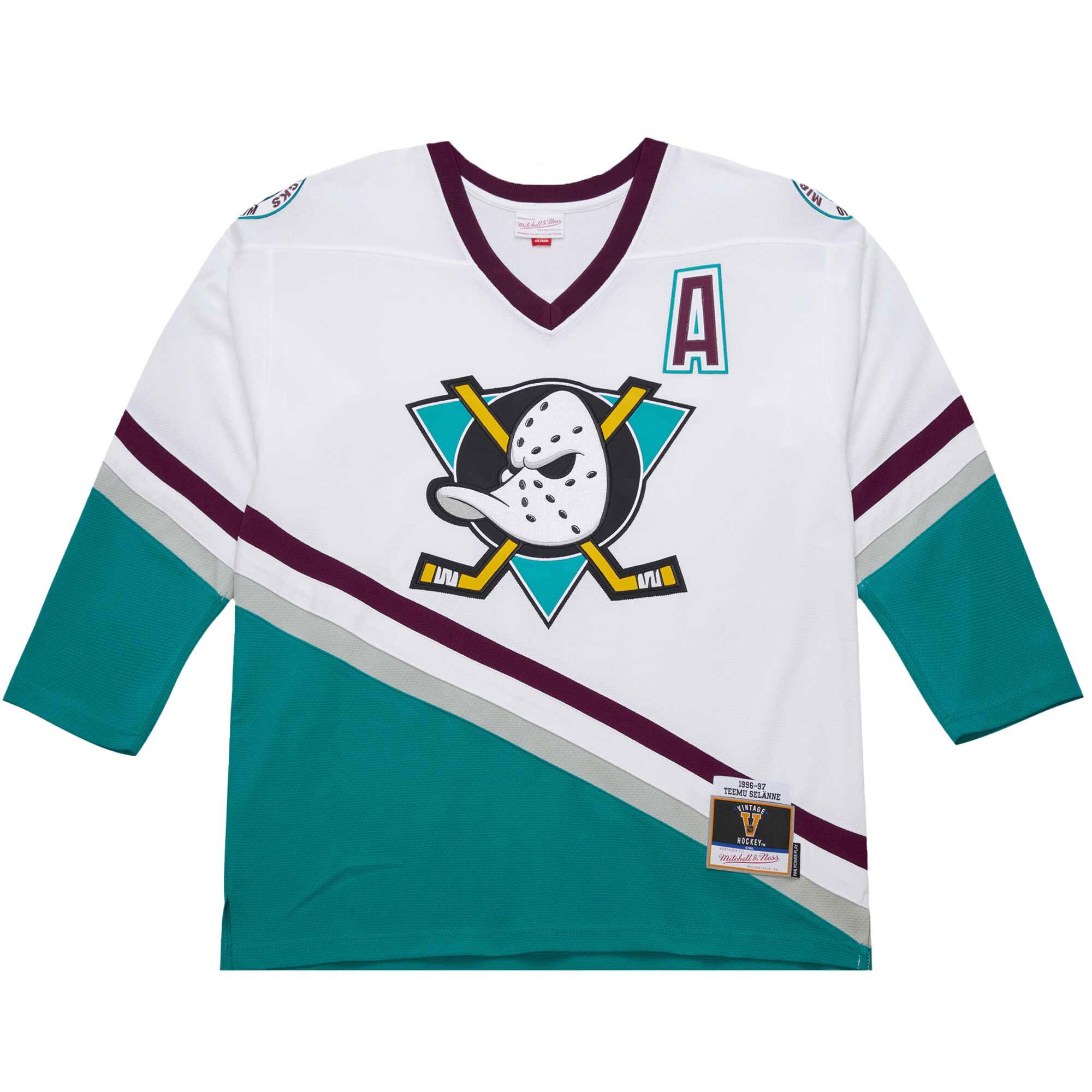 Alternative view of Men's Anaheim Ducks Teemu Selanne White 1996-97 Power Play Hockey Jersey - JS682 