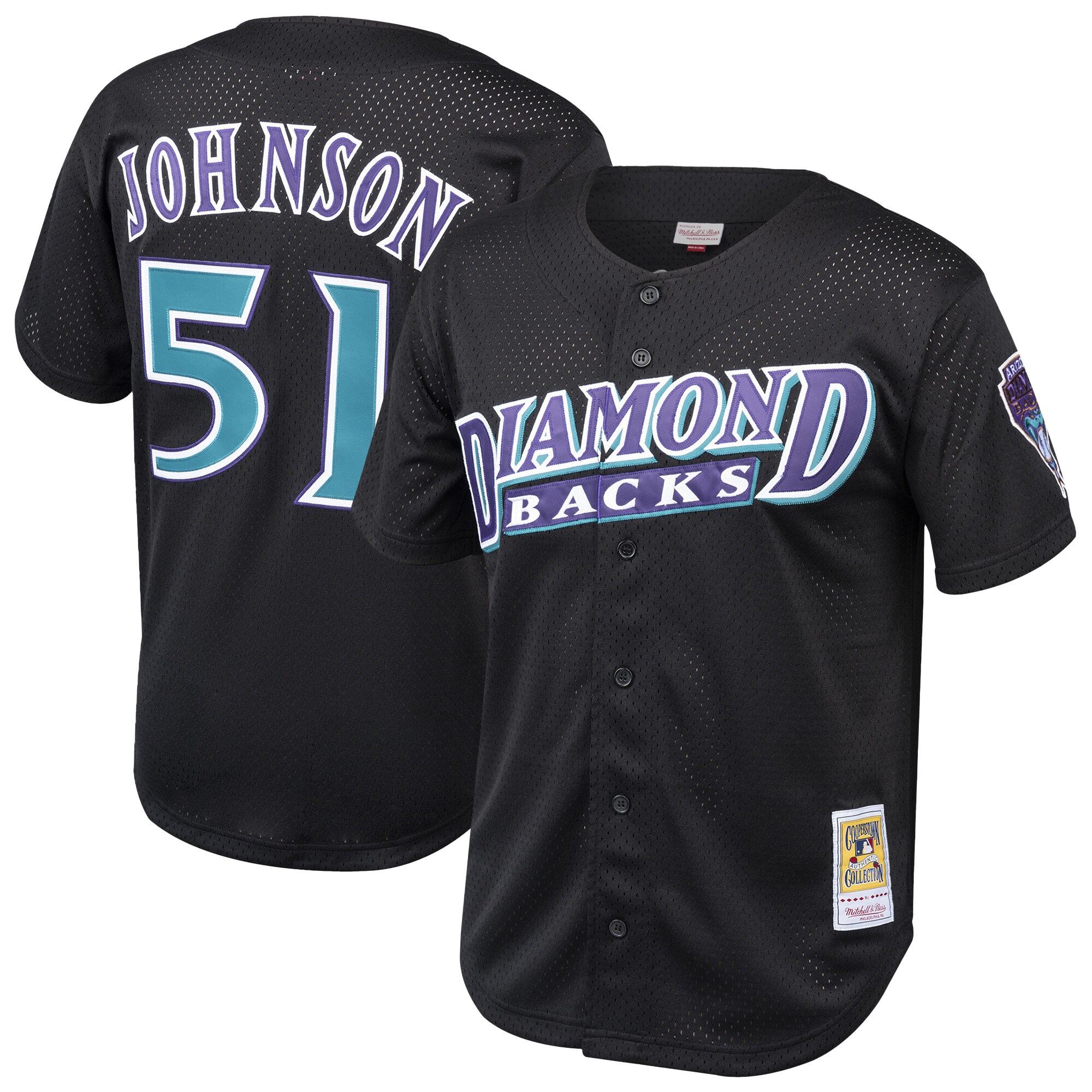 Men's Arizona Diamondbacks Randy Johnson Mitchell & Ness Black Cooperstown Collection Mesh Batting Practice Button-Up Jersey