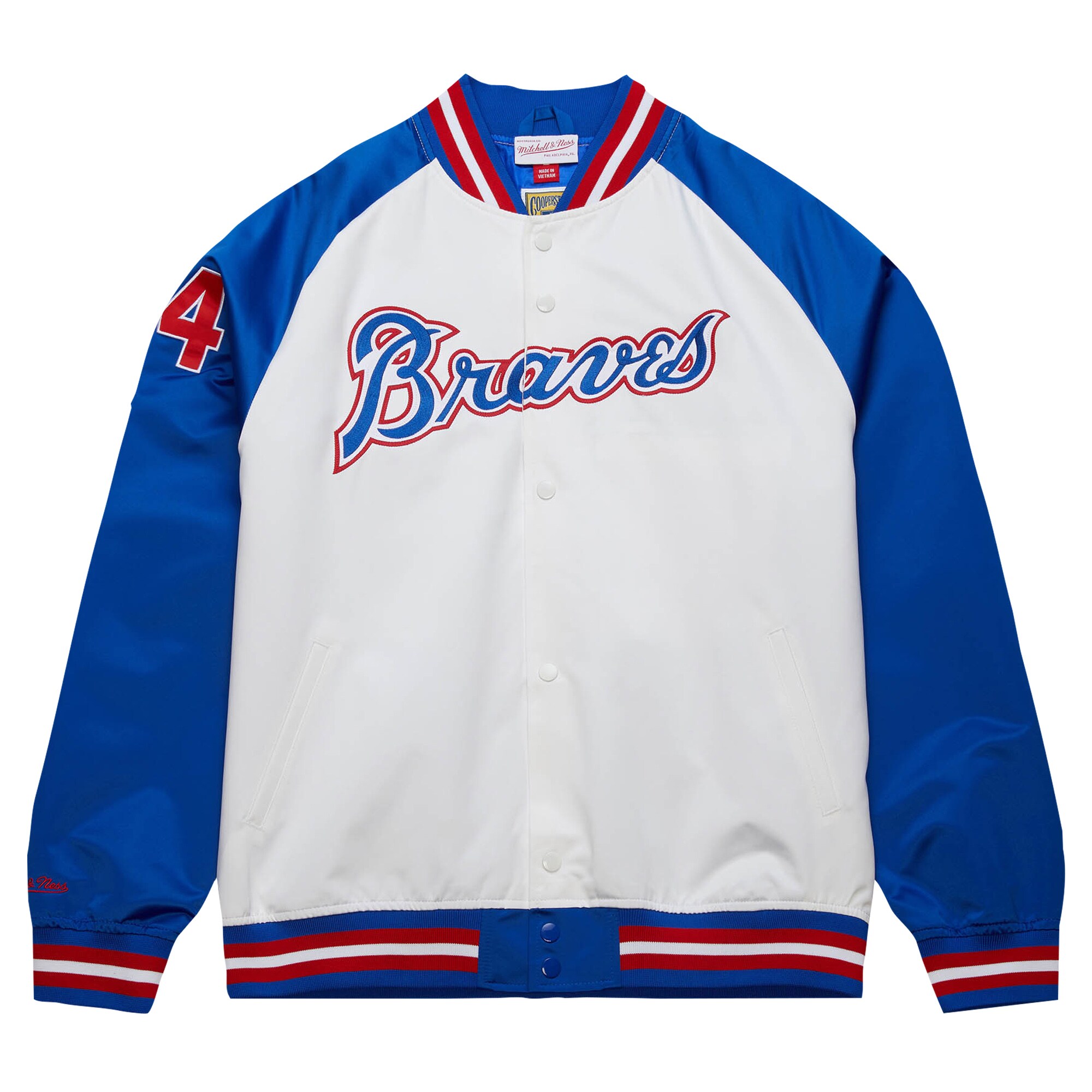 Alternative view of Men's Atlanta Braves Hank Aaron Mitchell & Ness White/Royal Cooperstown Collection Legends Lightweight Satin Raglan Full-Snap Jacket - JS628