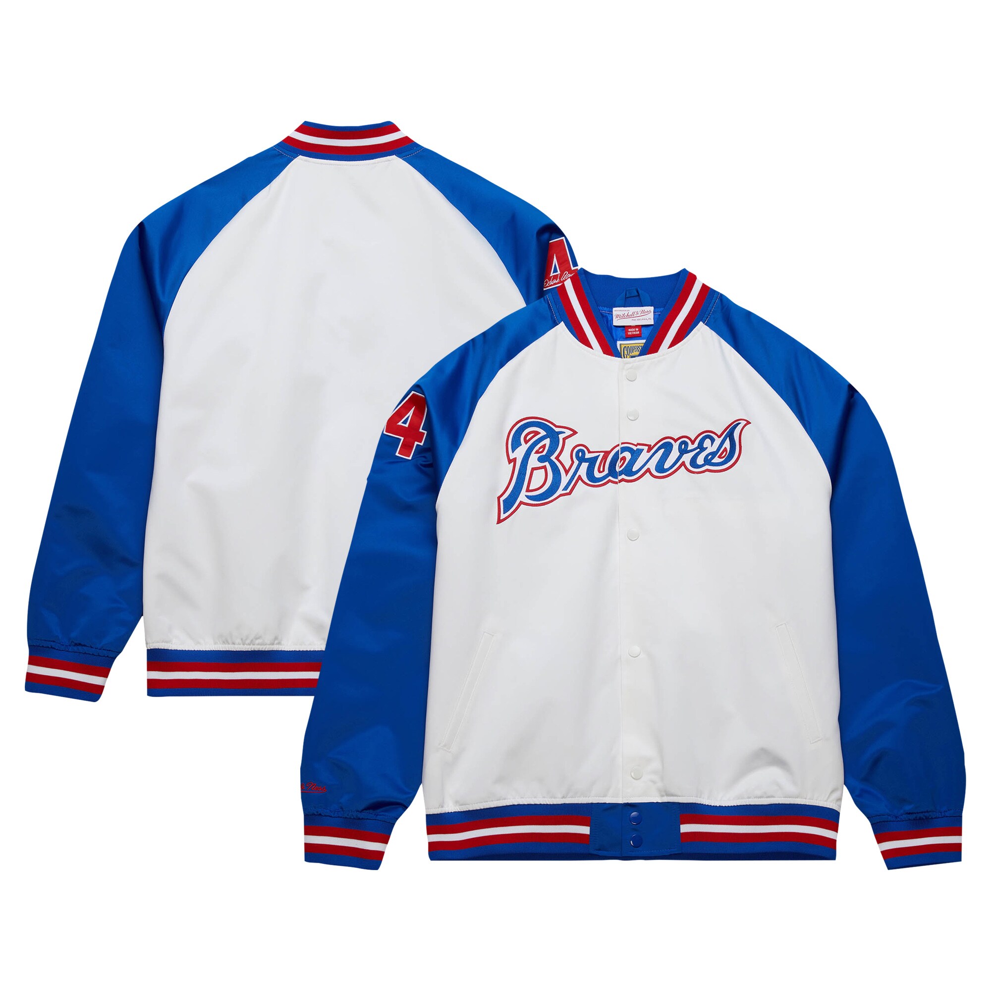 Men's Atlanta Braves Hank Aaron Mitchell & Ness White/Royal Cooperstown Collection Legends Lightweight Satin Raglan Full-Snap Jacket - JS628