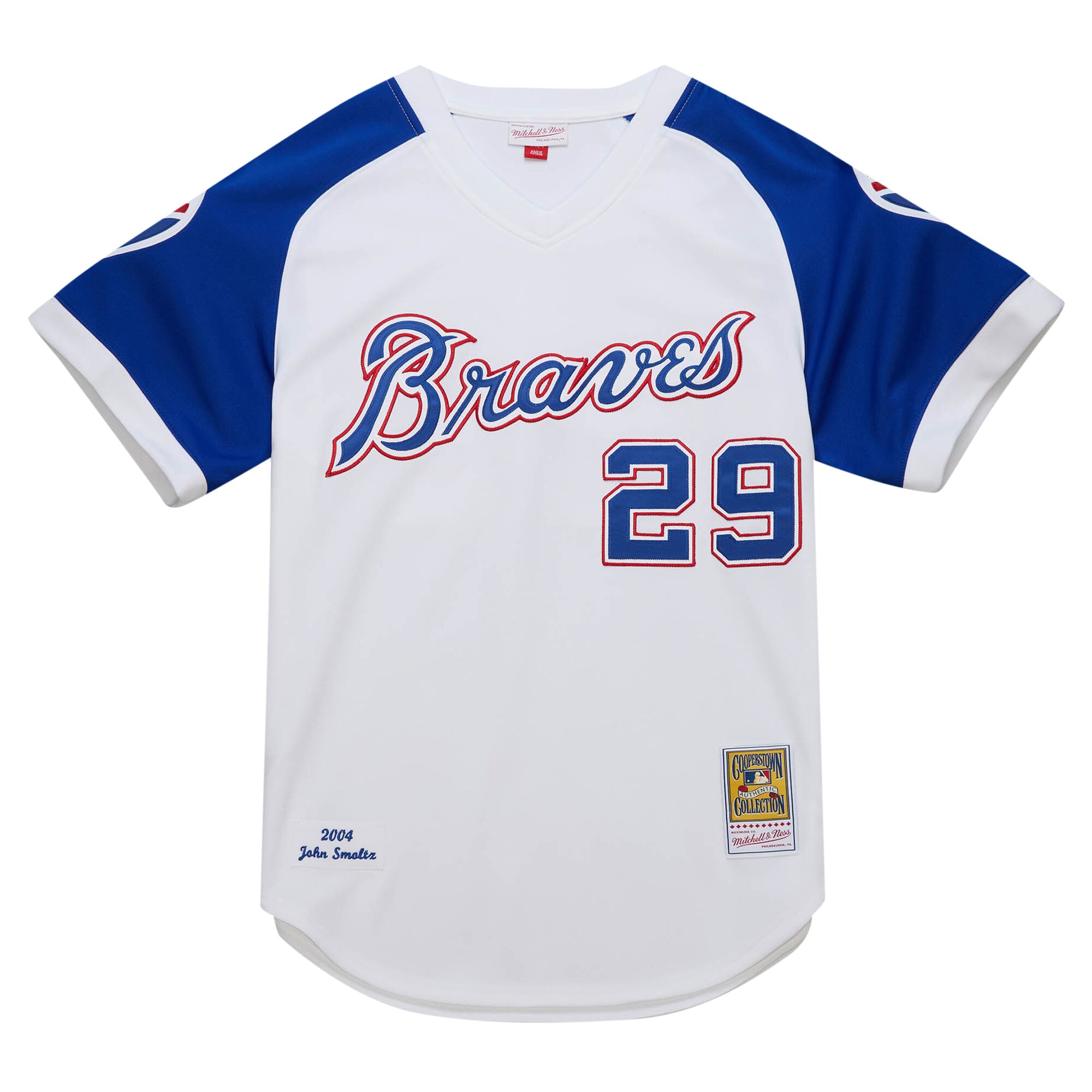 Alternative view of Men's Atlanta Braves John Smoltz Mitchell & Ness White 2004 Cooperstown Collection Throwback Baseball Jersey - JS883