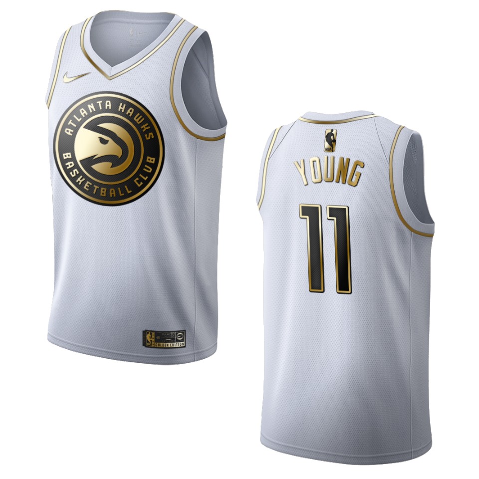 Men’s Atlanta Hawks #11 Trae Young Golden Edition Basketball Jersey – White