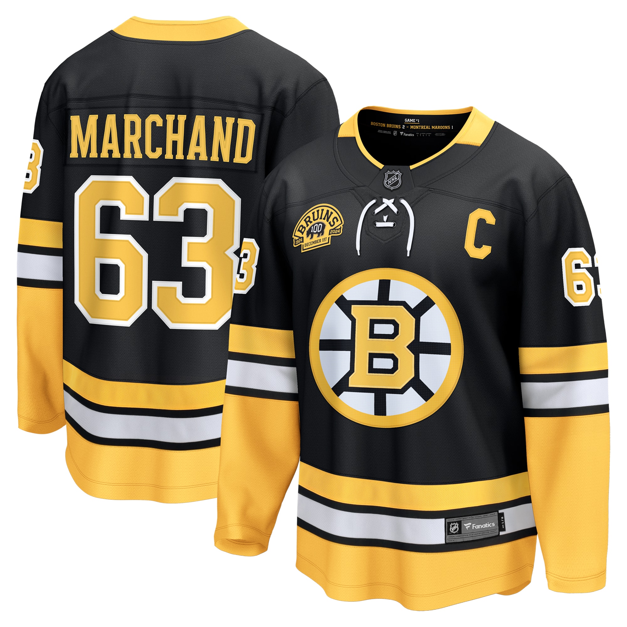 Men's Boston Bruins Brad Marchand Black 100th Anniversary Premier Breakaway Player Hockey Jersey - JS838 