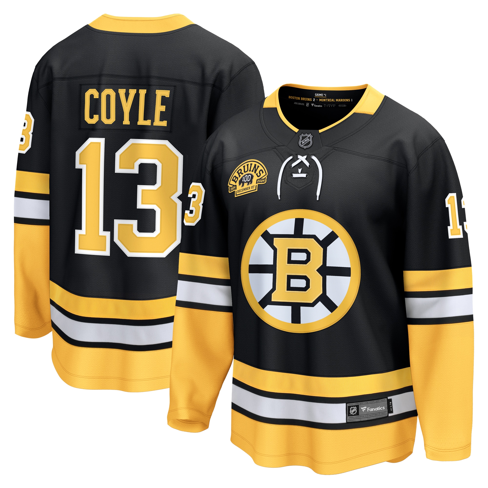 Men's Boston Bruins Charlie Coyle Black 100th Anniversary Premier Breakaway Player Hockey Jersey - JS963 