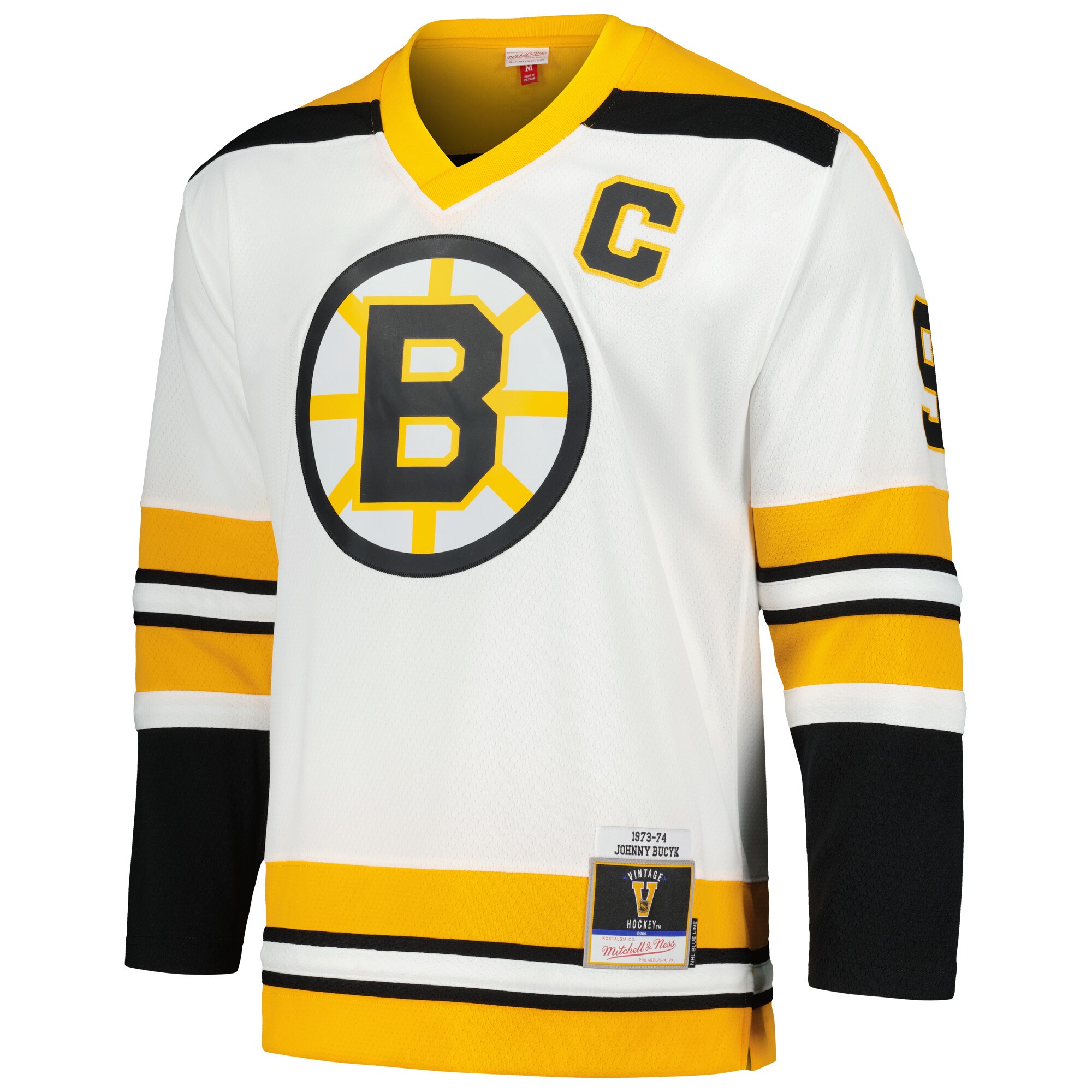 Alternative view of Men's Boston Bruins Johnny Bucyk Mitchell & Ness White 1973/74 Blue Line Player Hockey Jersey - JS531 