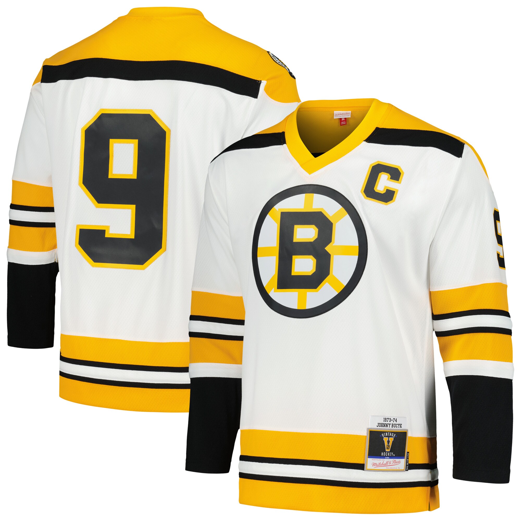 Men's Boston Bruins Johnny Bucyk Mitchell & Ness White 1973/74 Blue Line Player Hockey Jersey - JS531 