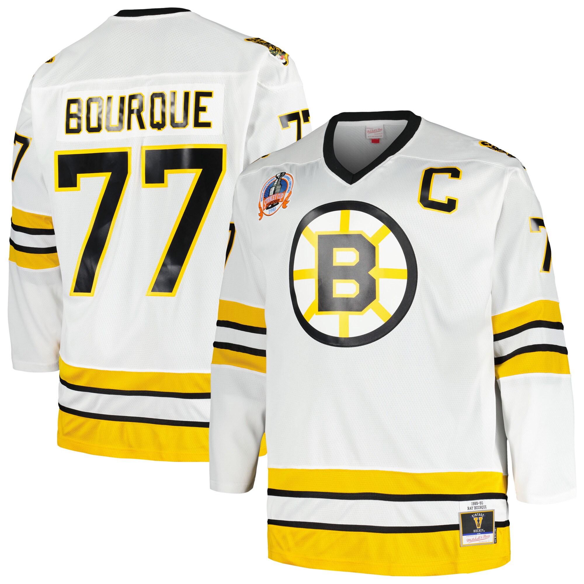 Men's Boston Bruins Ray Bourque Mitchell & Ness White Big & Tall Captain Patch Blue Line Player Hockey Jersey - JS148 