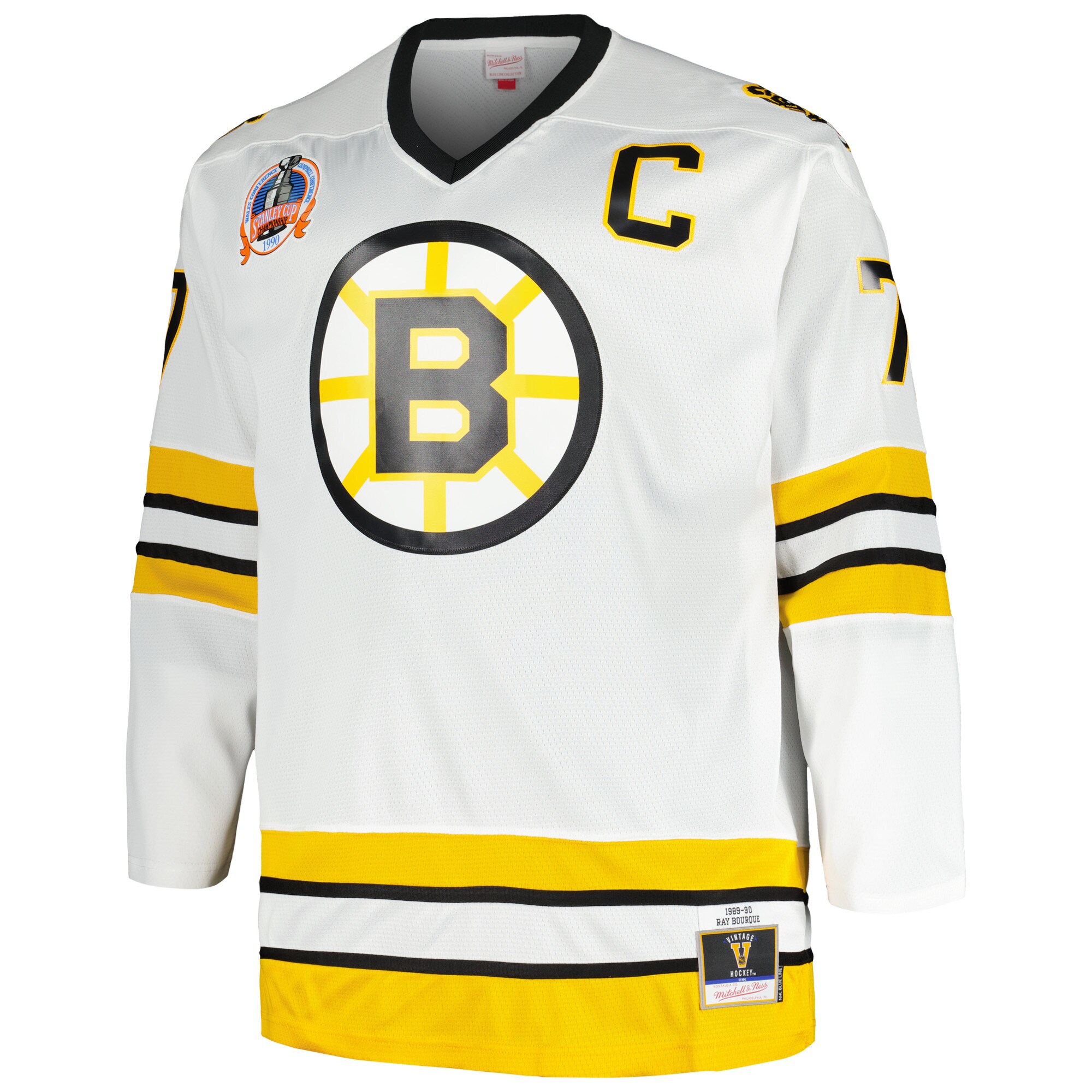 Alternative view of Men's Boston Bruins Ray Bourque Mitchell & Ness White Big & Tall Captain Patch Blue Line Player Hockey Jersey - JS148 