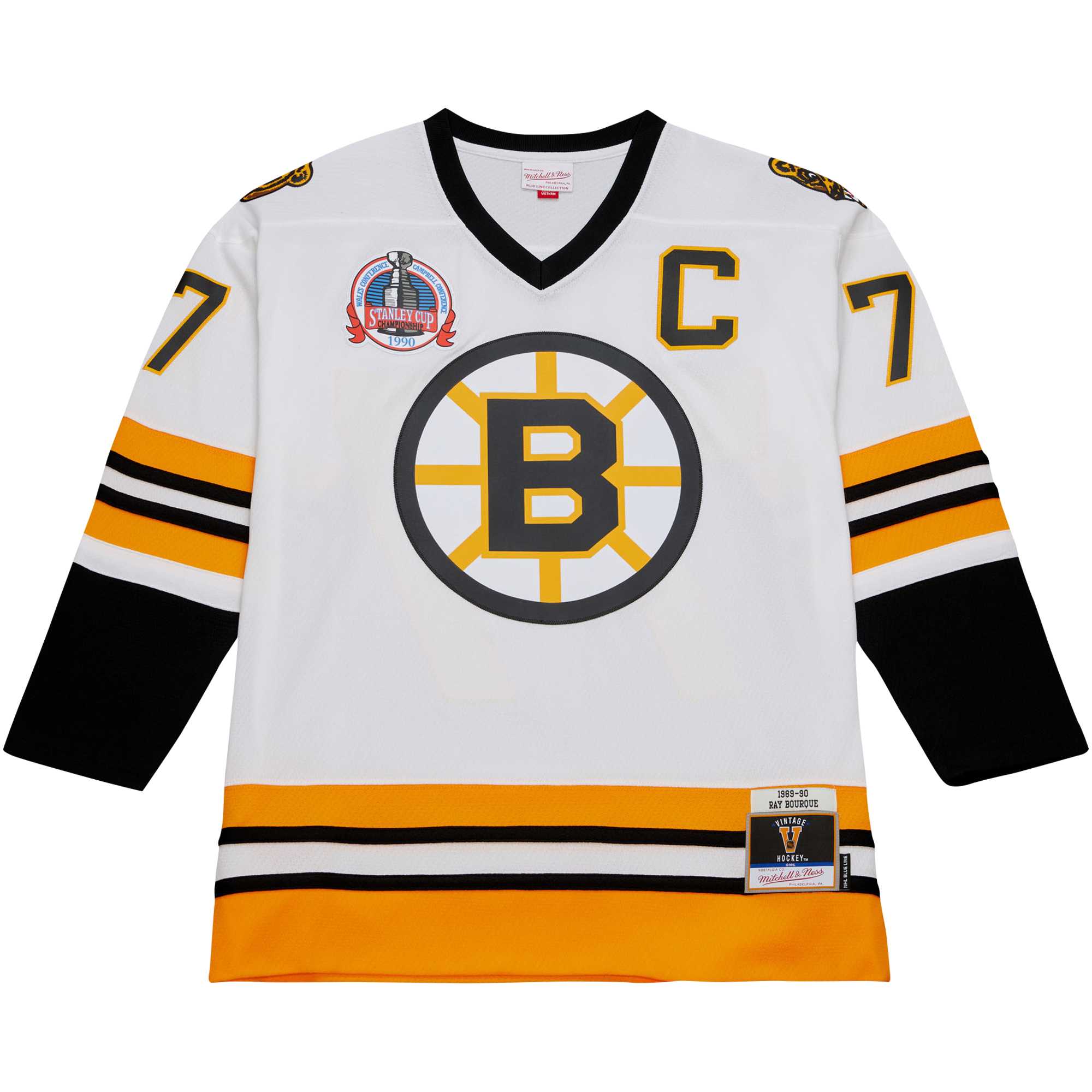 Alternative view of Men's Boston Bruins Ray Bourque Mitchell & Ness White Captain Patch 1989/90 Blue Line Player Hockey Jersey - JS343 