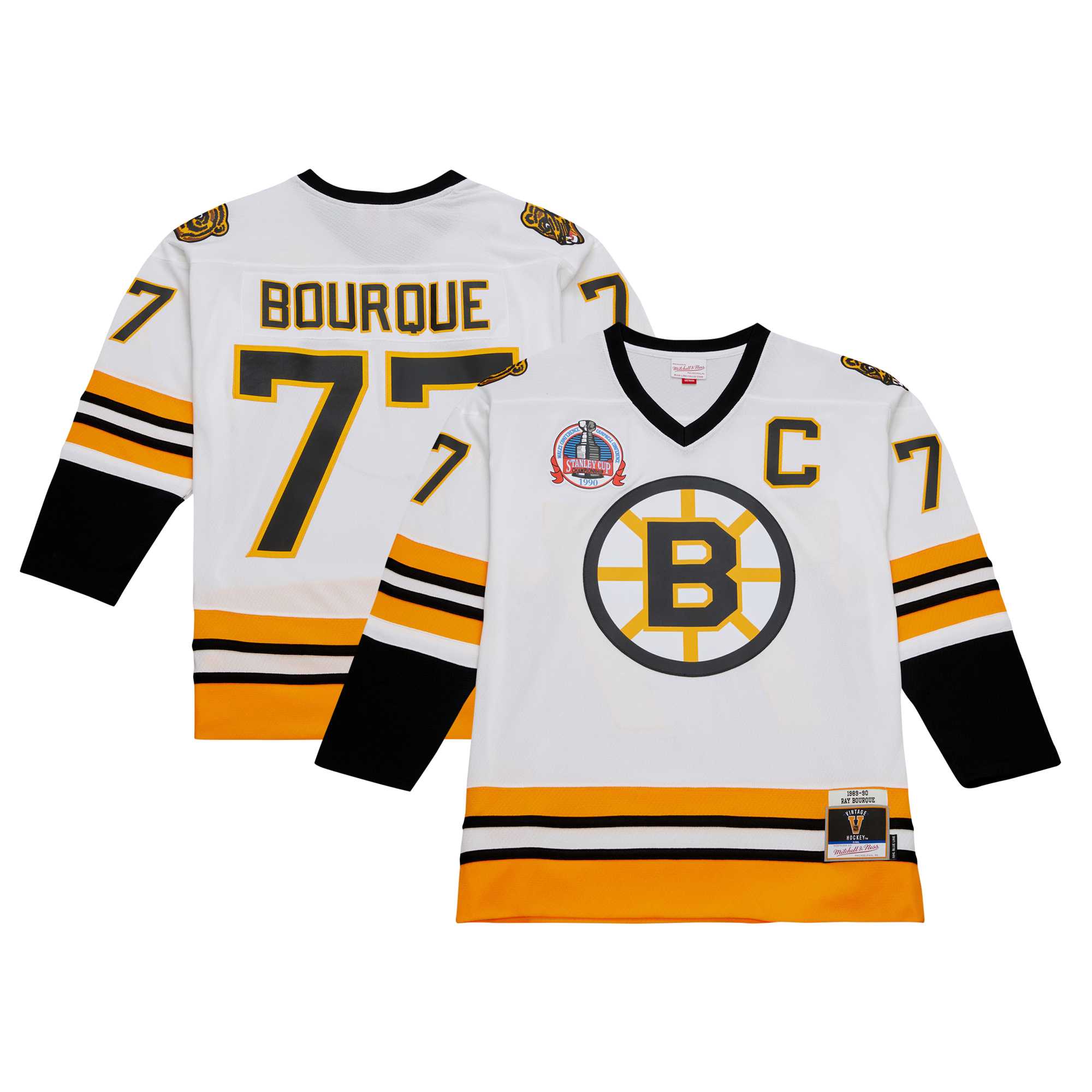 Men's Boston Bruins Ray Bourque Mitchell & Ness White Captain Patch 1989/90 Blue Line Player Hockey Jersey - JS343 