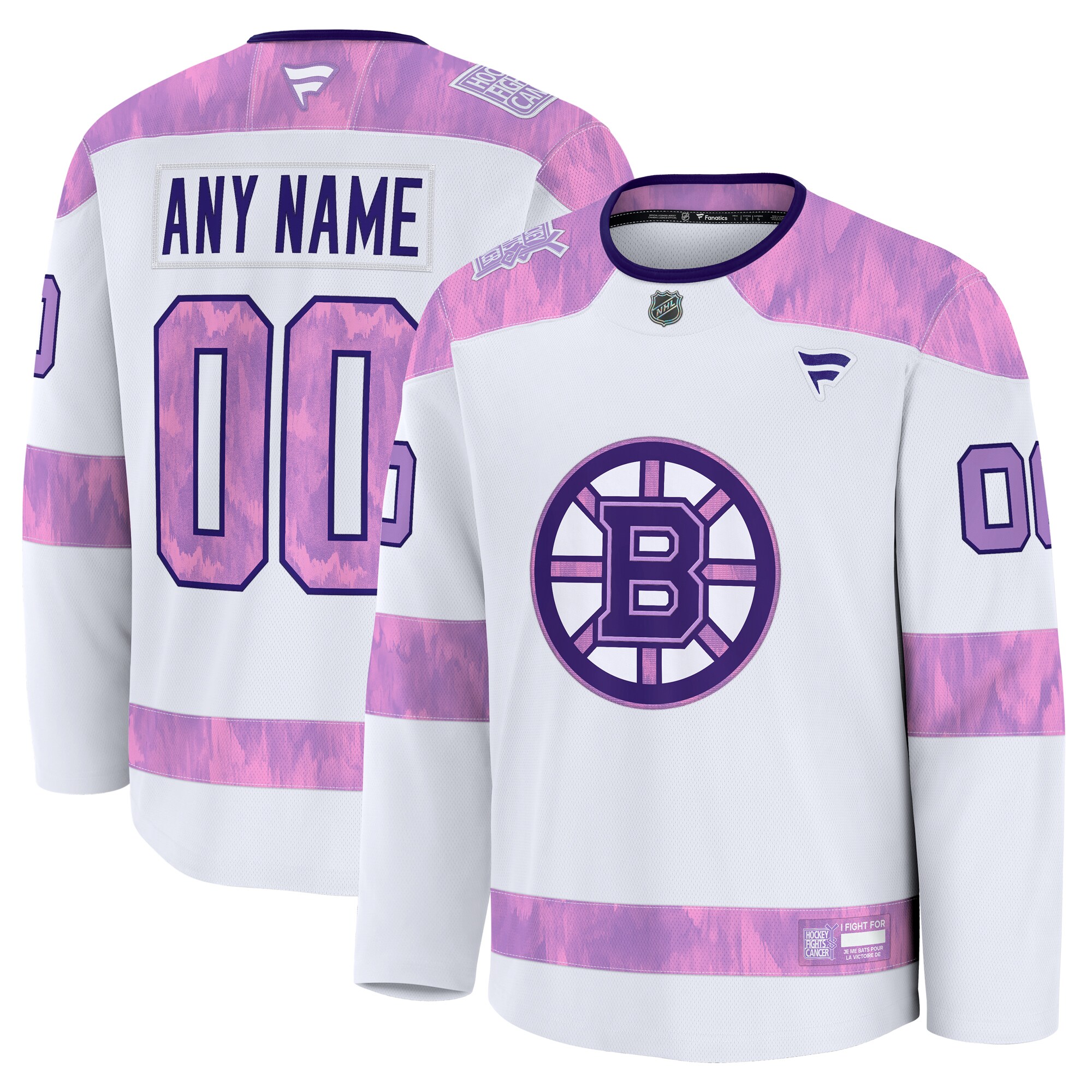 Men's Boston Bruins White 2024 Hockey Fights Cancer Custom Practice Hockey Jersey - JS777 