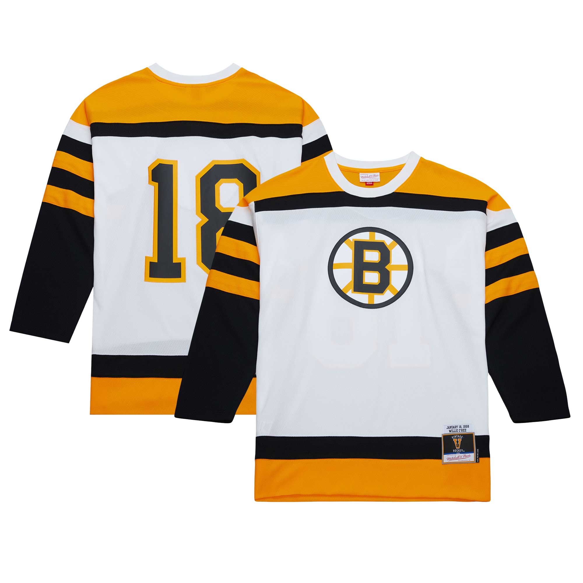 Men's Boston Bruins Willie O'Ree Mitchell & Ness White 1958 Blue Line Player Hockey Jersey - JS624 