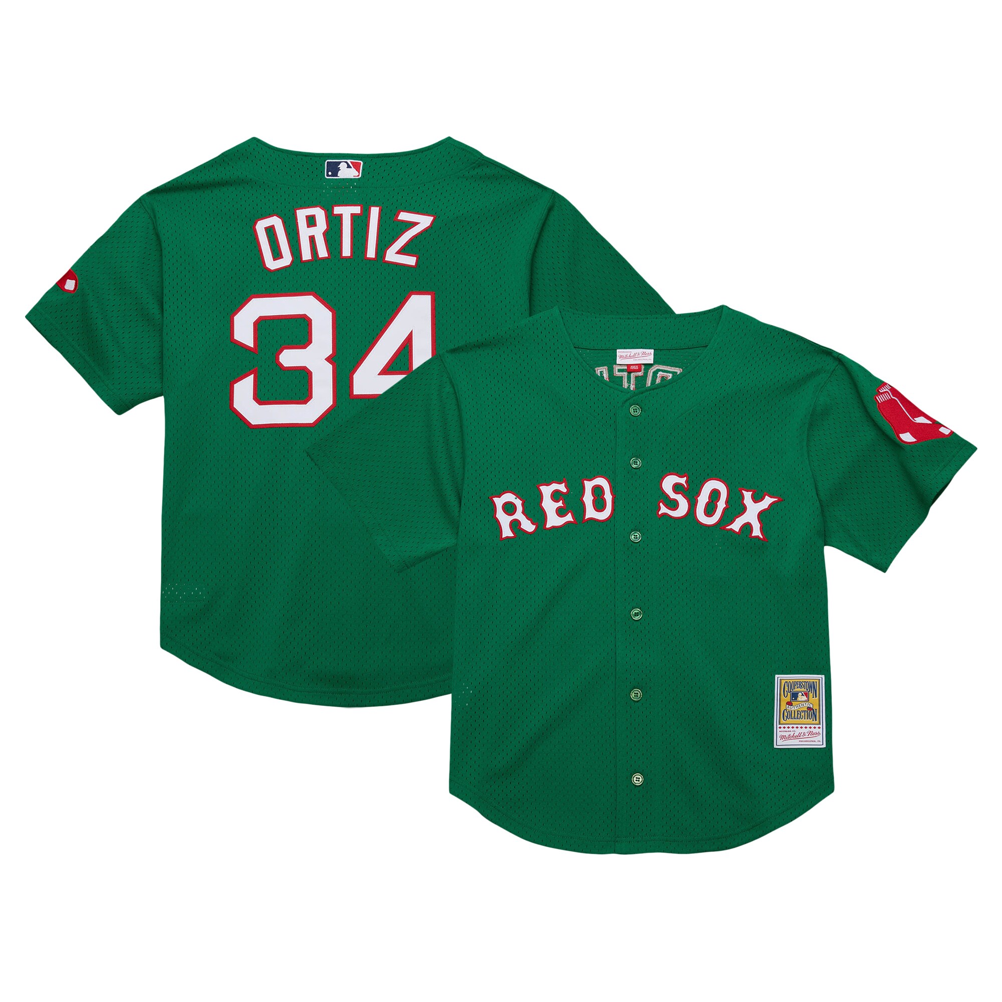 Men's Boston Red Sox David Ortiz Mitchell & Ness Kelly Green Cooperstown Collection Mesh Batting Practice Baseball Jersey
