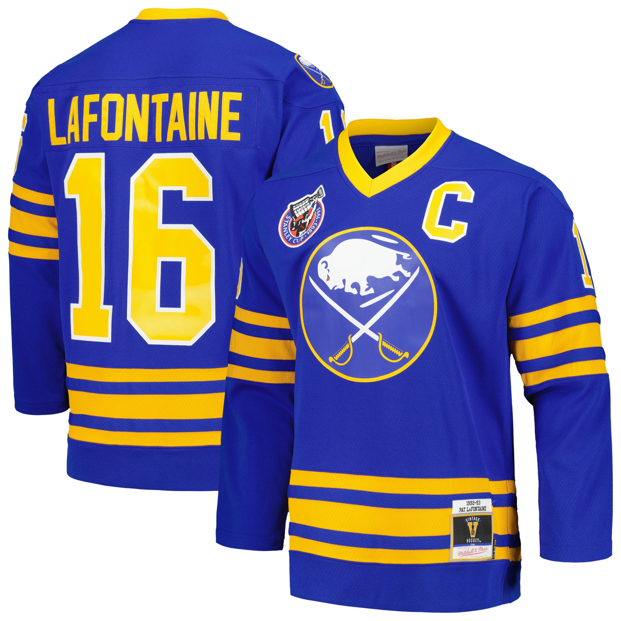 Men's Buffalo Sabres Pat LaFontaine Mitchell & Ness Royal Captain Patch 1992/93 Blue Line Player Hockey Jersey - JS671 