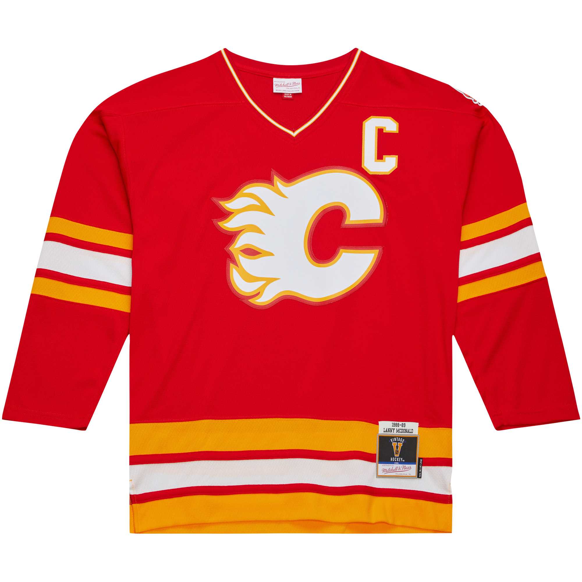Alternative view of Men's Calgary Flames Lanny McDonald Mitchell & Ness Red Captain Patch 1988/89 Blue Line Player Hockey Jersey - JS143 