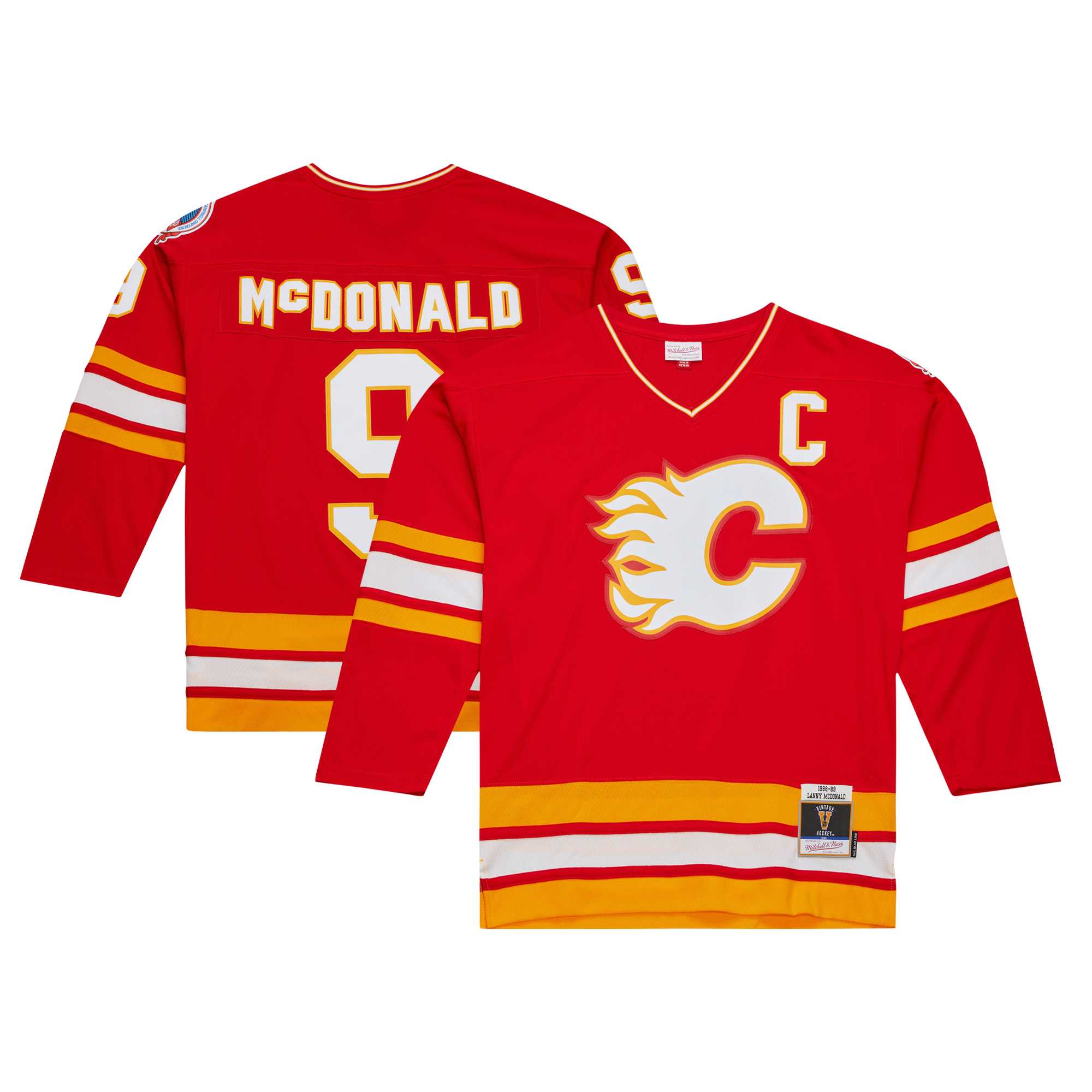 Men's Calgary Flames Lanny McDonald Mitchell & Ness Red Captain Patch 1988/89 Blue Line Player Hockey Jersey - JS143 