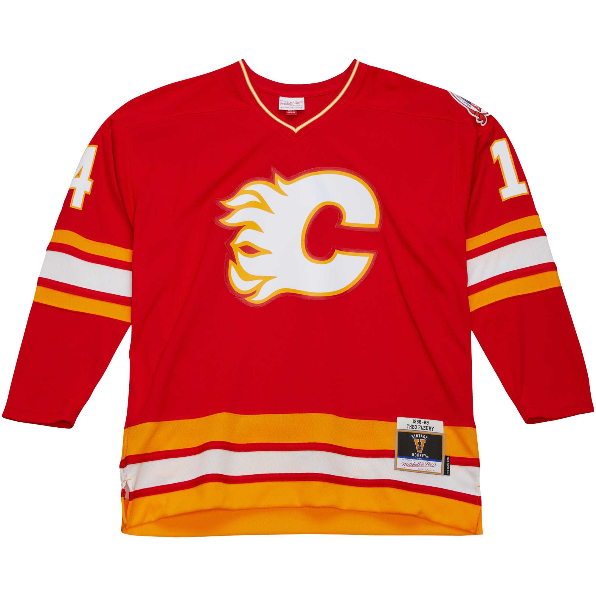 Alternative view of Men's Calgary Flames Theoren Fleury Mitchell & Ness Red 1988/89 Blue Line Player Hockey Jersey - JS184 