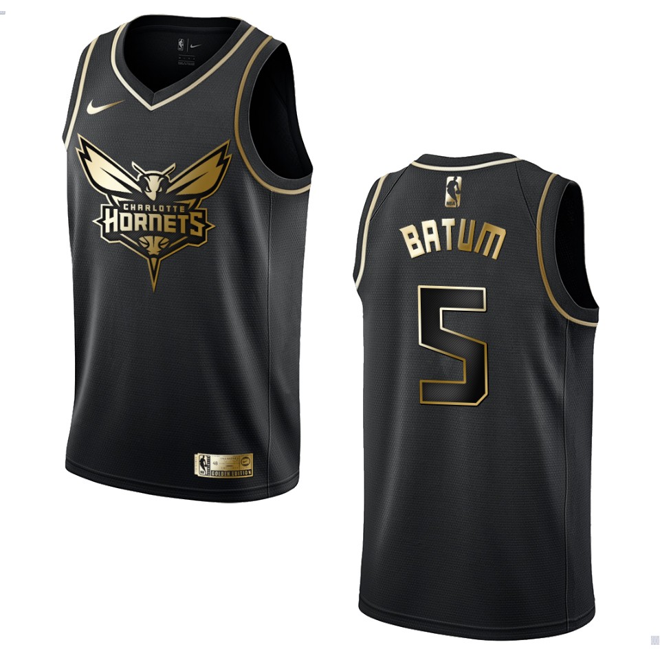 Men’s Charlotte Hornets #5 Nicolas Batum Golden Edition Basketball Jersey – Black