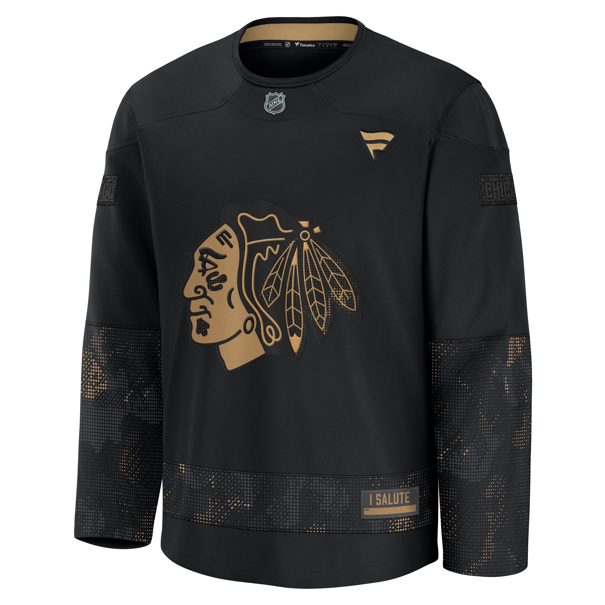 Alternative view of Men's Chicago Blackhawks Black 2024 Military Appreciation Practice Hockey Jersey - JS528 