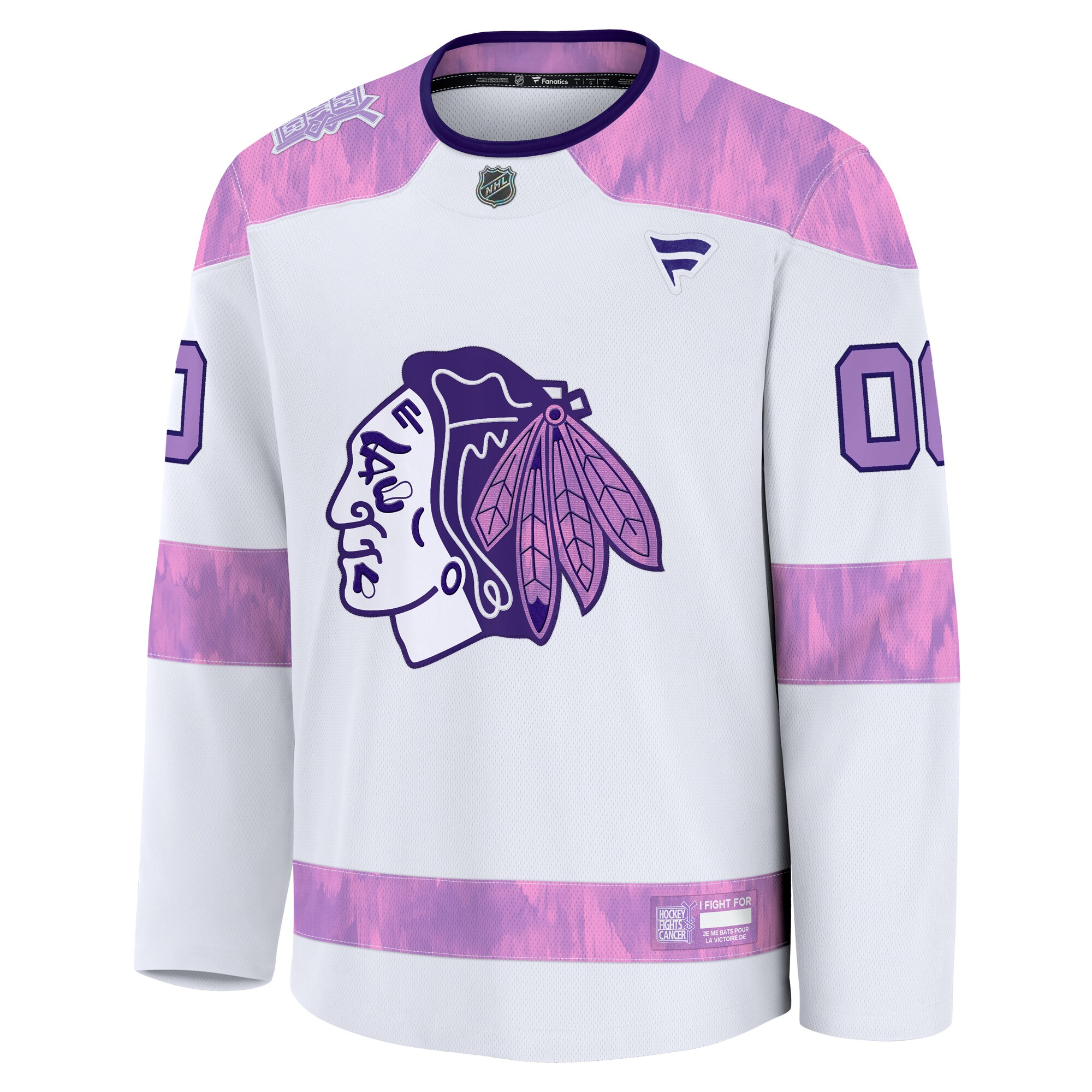 Alternative view of Men's Chicago Blackhawks White 2024 Hockey Fights Cancer Custom Practice Hockey Jersey - JS550 