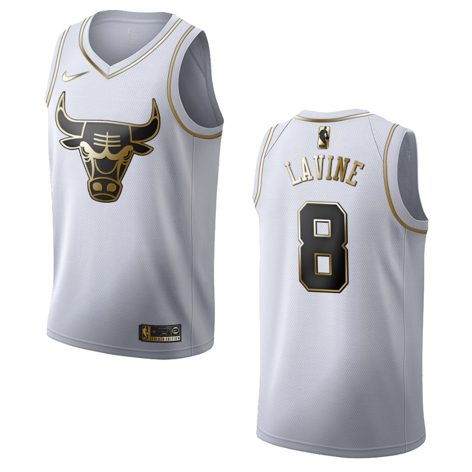 Men’s Chicago Bulls #8 Zach Lavine Golden Edition Basketball Jersey – White