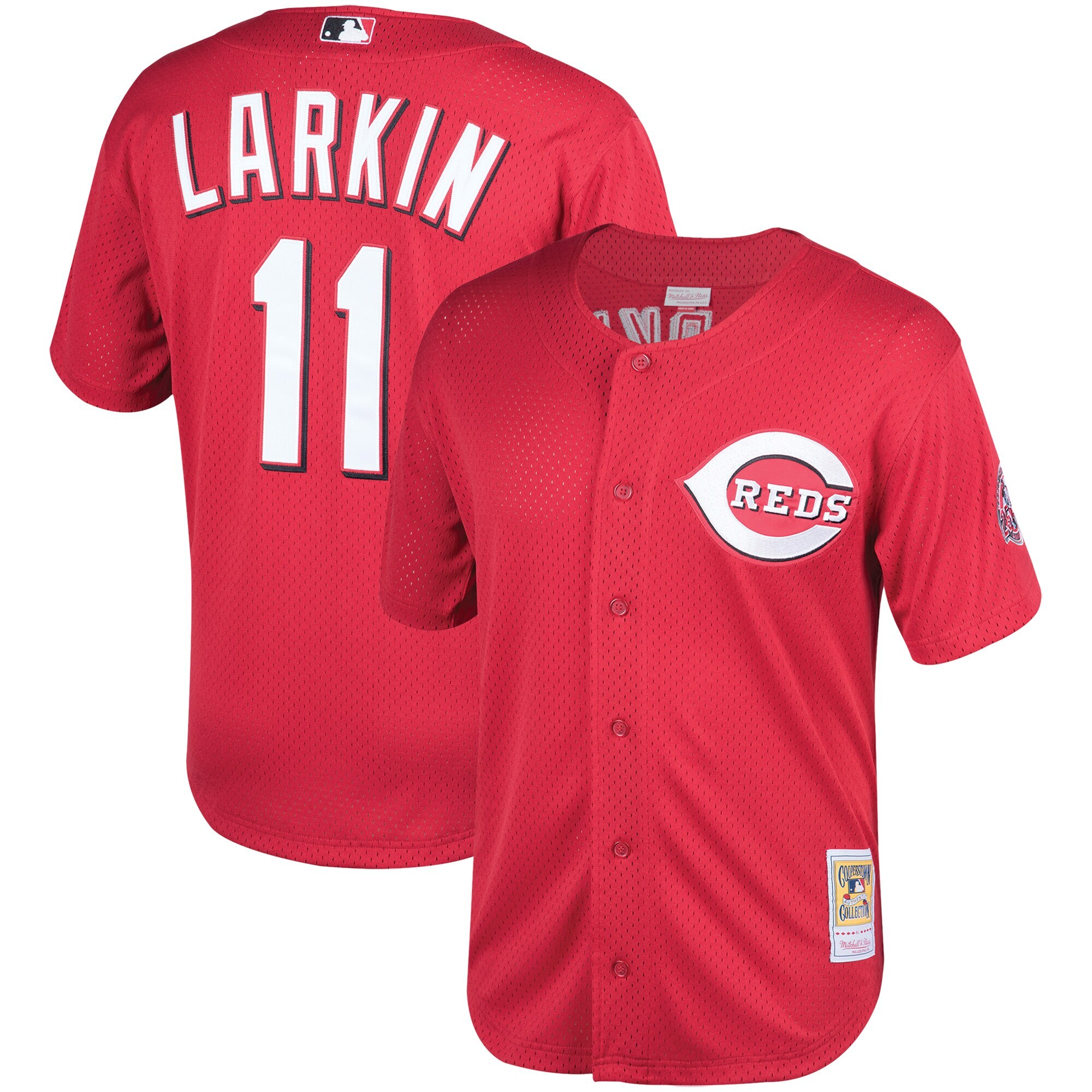 Men's Cincinnati Reds Barry Larkin Mitchell & Ness Red Throwback Cooperstown Mesh Batting Practice Baseball Jersey