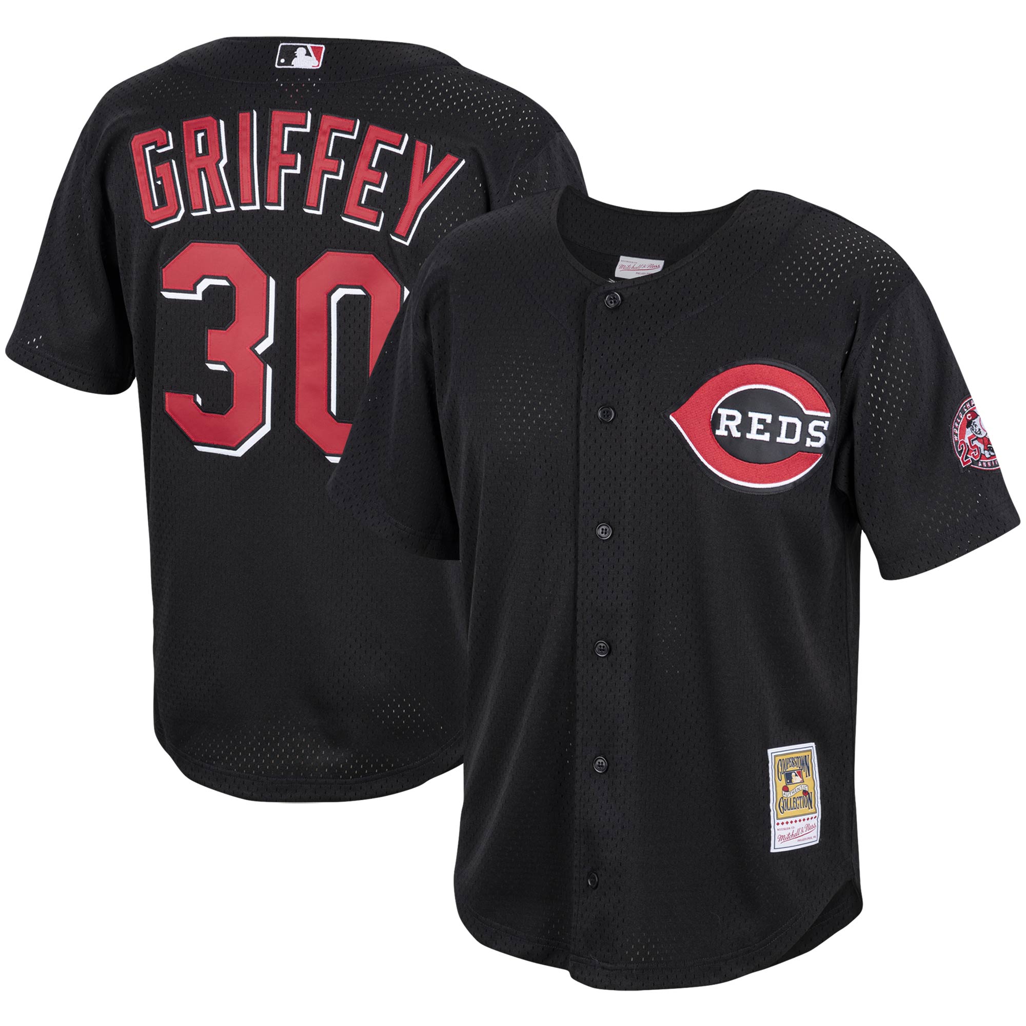 Men's Cincinnati Reds Ken Griffey Jr. Mitchell & Ness Black Cooperstown Collection Mesh Batting Practice Button-Up Baseball Jersey