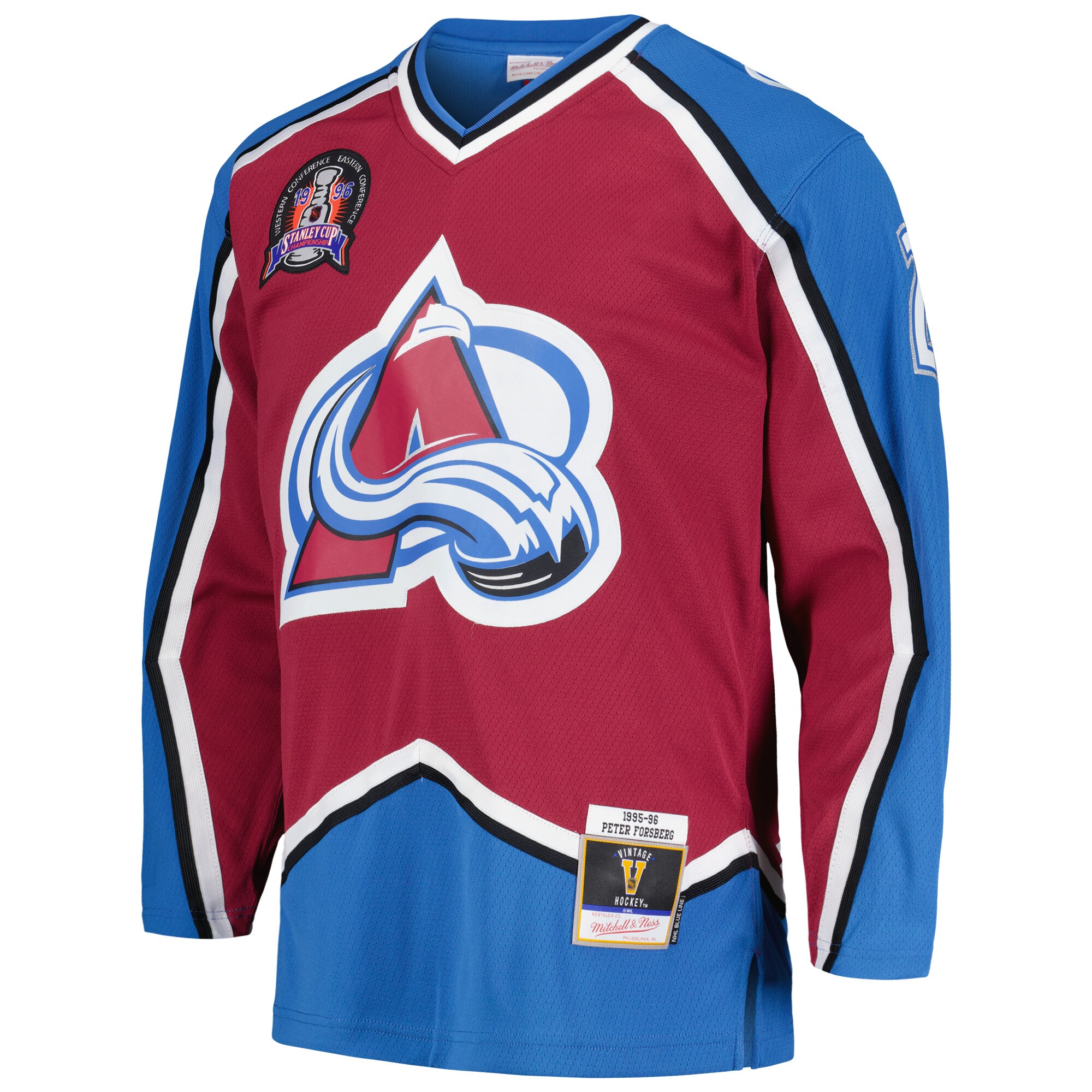 Alternative view of Men's Colorado Avalanche Peter Forsberg Mitchell & Ness Burgundy 1995/96 Blue Line Player Hockey Jersey - JS839 
