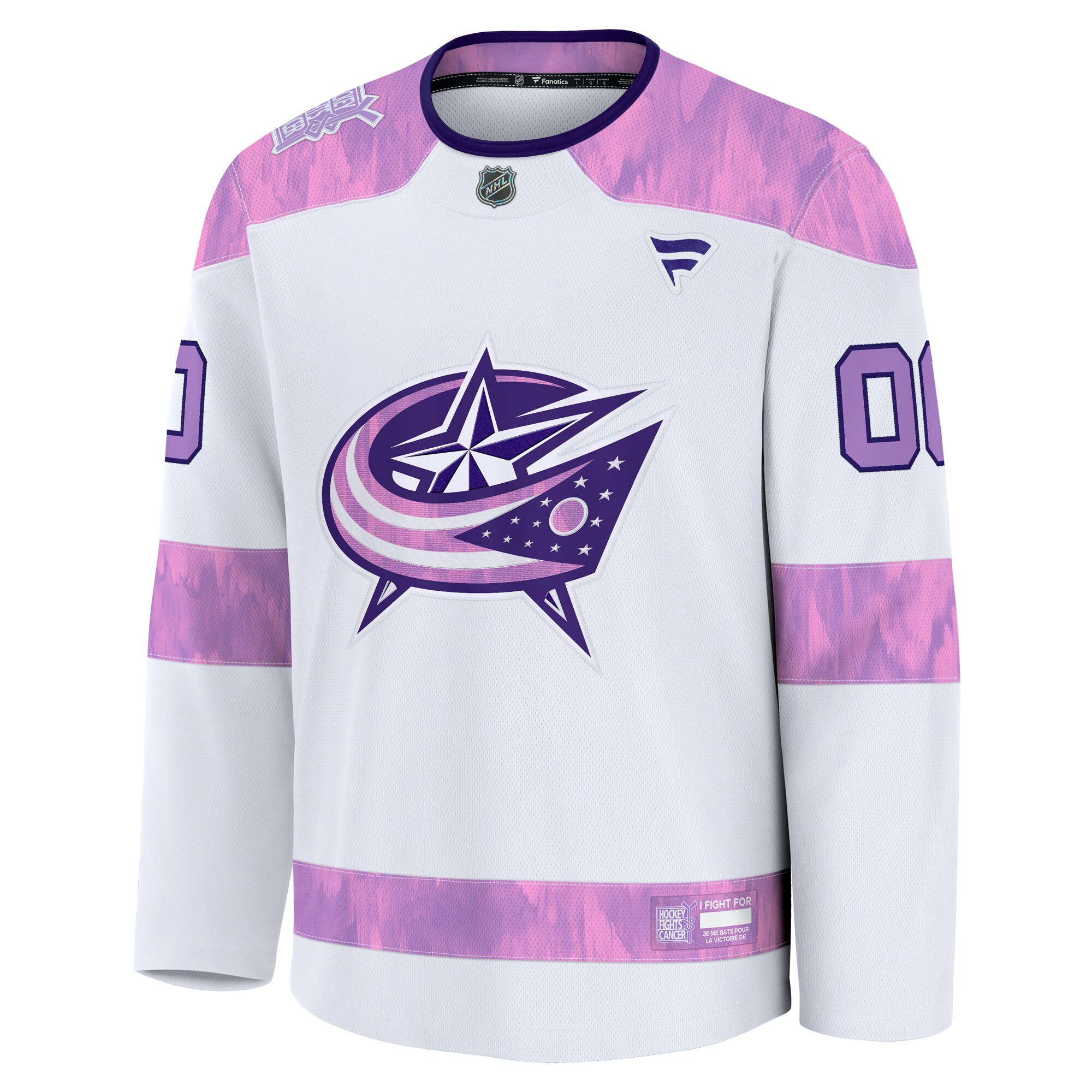 Alternative view of Men's Columbus Blue Jackets White 2024 Hockey Fights Cancer Custom Practice Hockey Jersey - JS178 