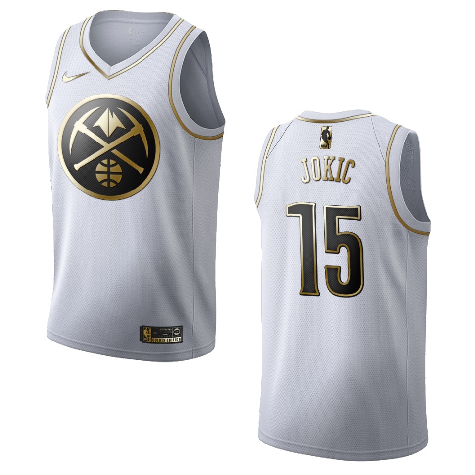 Men’s Denver Nuggets #15 Nikola Jokic Golden Edition Basketball Jersey – White