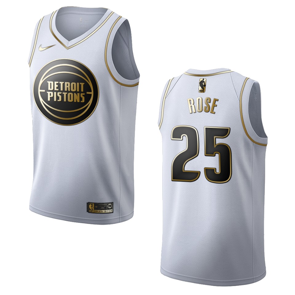 Men's Detroit Pistons #25 Derrick Rose Golden Edition Basketball Jersey - White