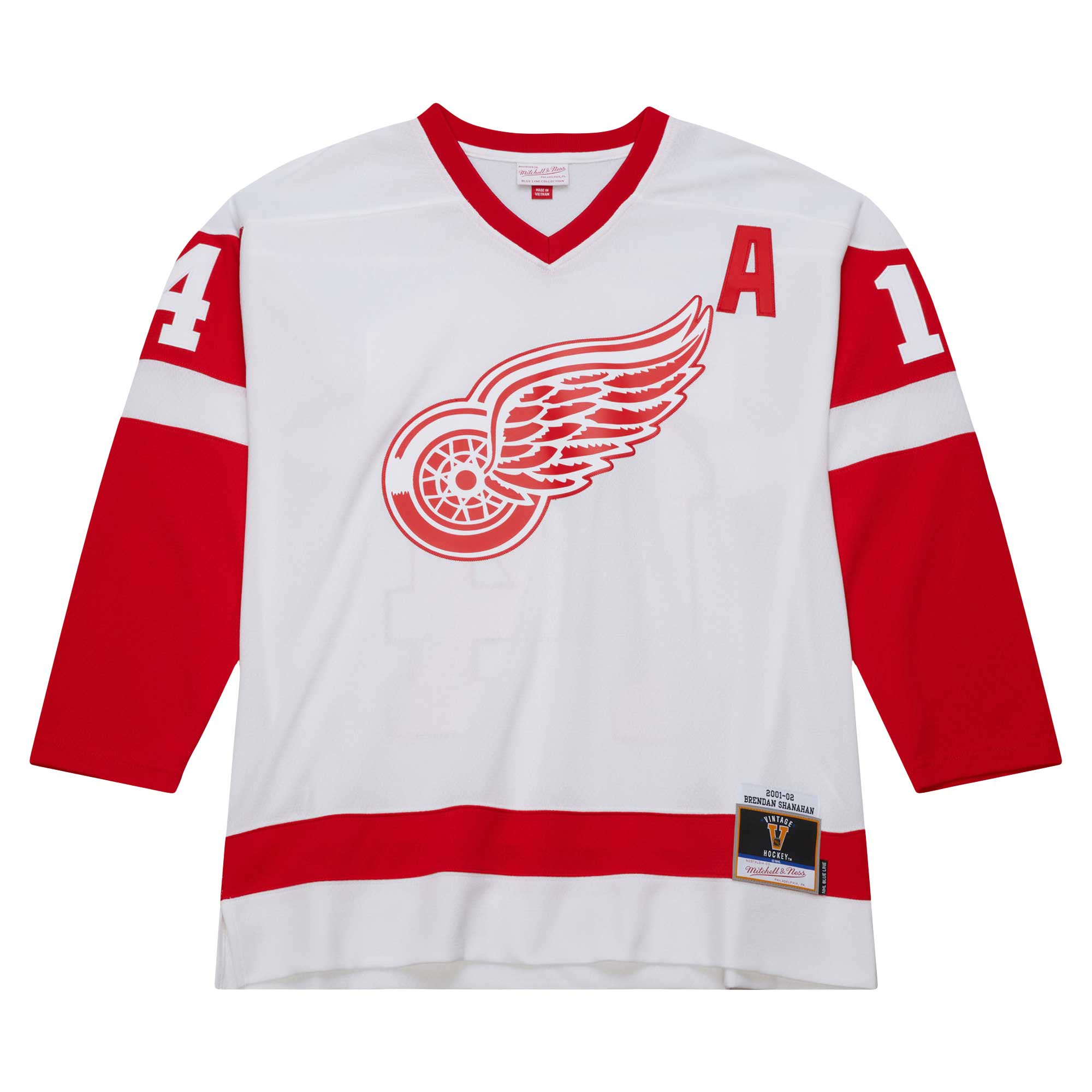 Alternative view of Men's Detroit Red Wings Brendan Shanahan Mitchell & Ness White 2001/02 Alternate Captain Blue Line Player Hockey Jersey - JS341 