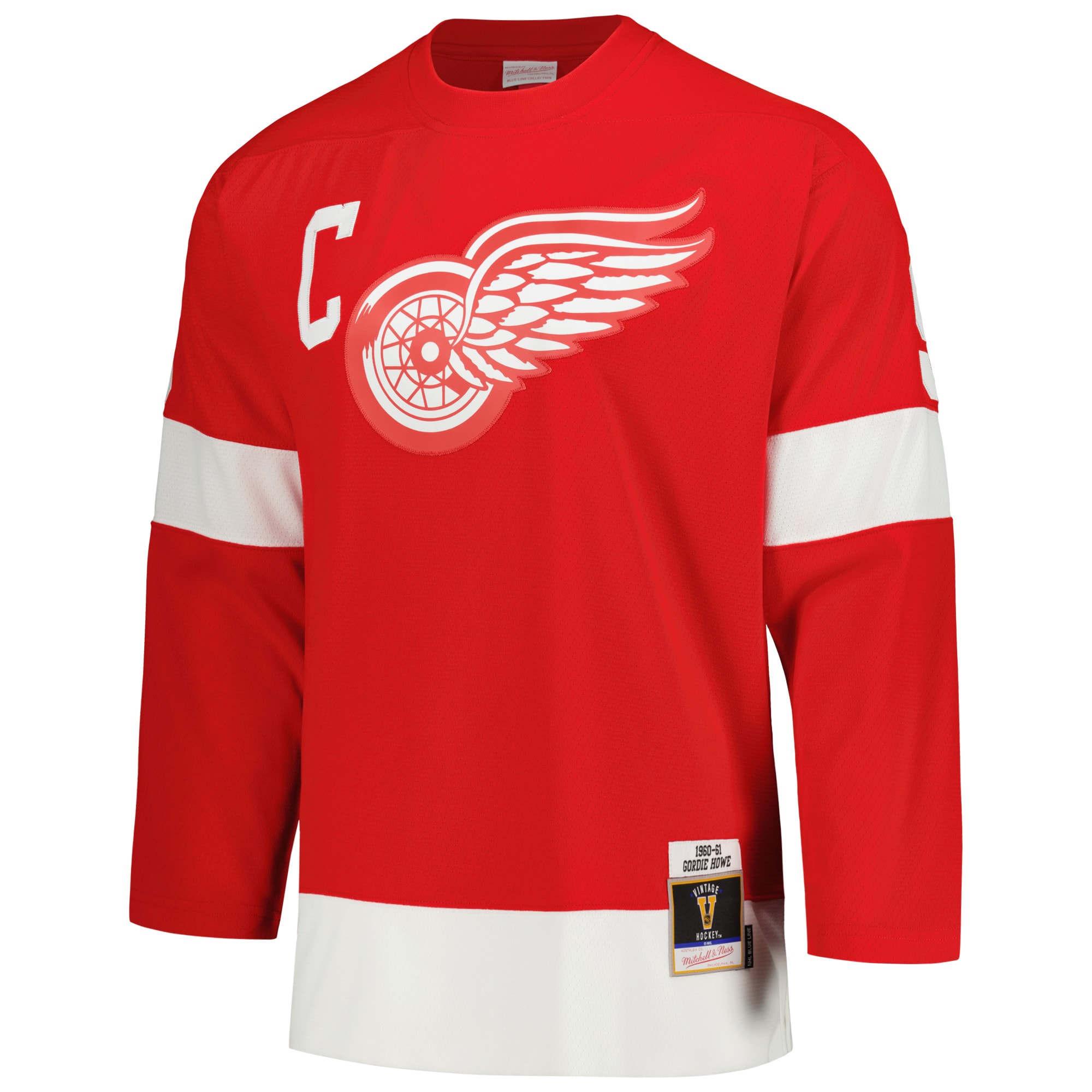Alternative view of Men's Detroit Red Wings Gordie Howe Mitchell & Ness Red Captain Patch 1960/61 Blue Line Player Hockey Jersey - JS586 