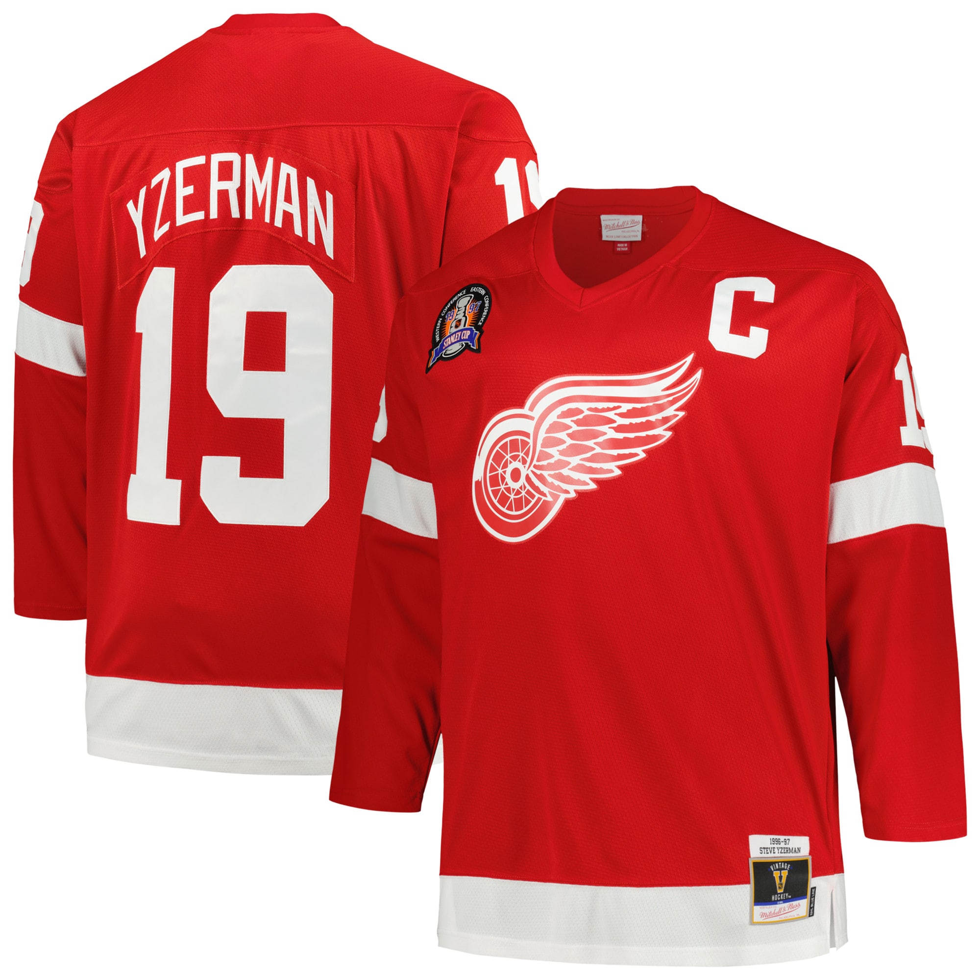 Men's Detroit Red Wings Steve Yzerman Mitchell & Ness Red Big & Tall Captain Patch Blue Line Player Hockey Jersey - JS813 