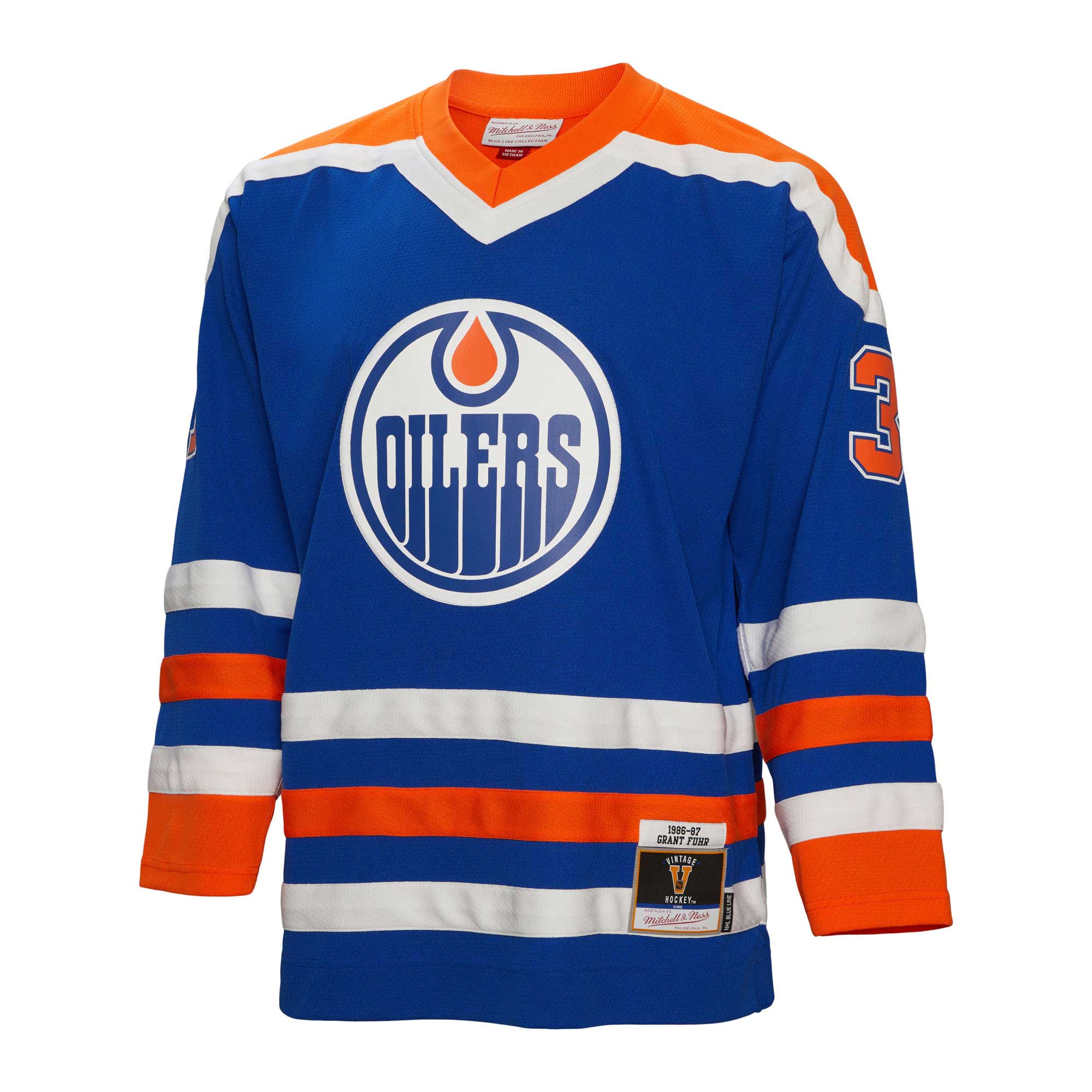 Alternative view of Men's Edmonton Oilers Grant Fuhr Mitchell & Ness Royal 1986/87 Blue Line Player Hockey Jersey - JS383 