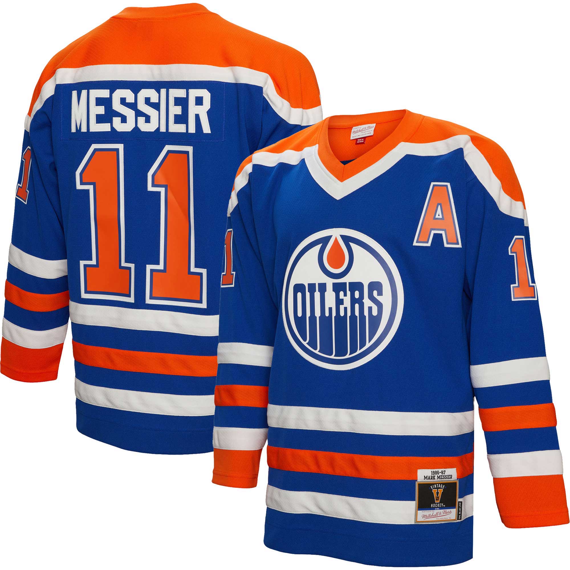 Men's Edmonton Oilers Mark Messier Mitchell & Ness Royal Alternate Captain Patch 1986/87 Blue Line Player Hockey Jersey - JS224 